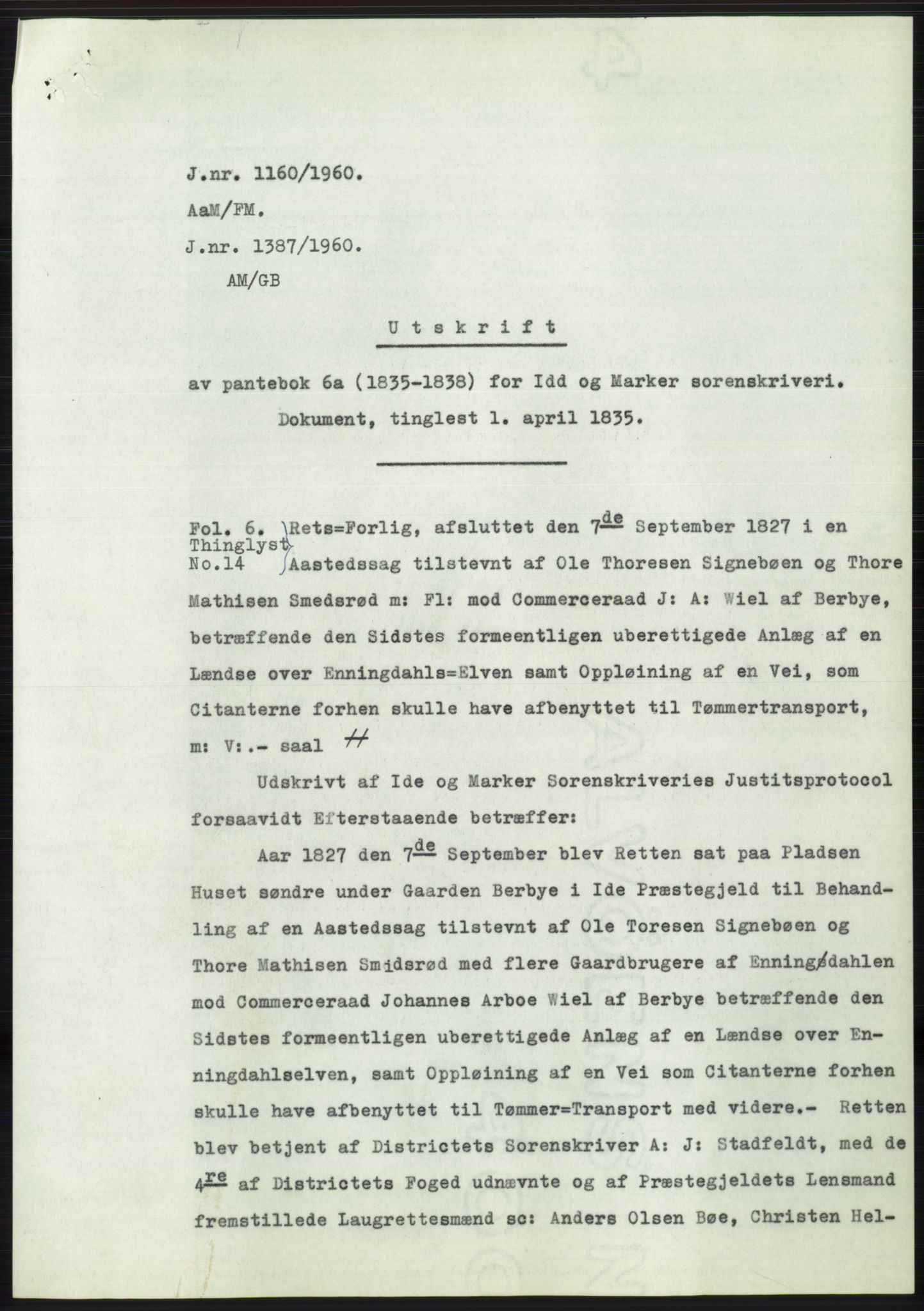 Statsarkivet i Oslo, SAO/A-10621/Z/Zd/L0012: Avskrifter, j.nr 802-1722/1960, 1960, s. 224