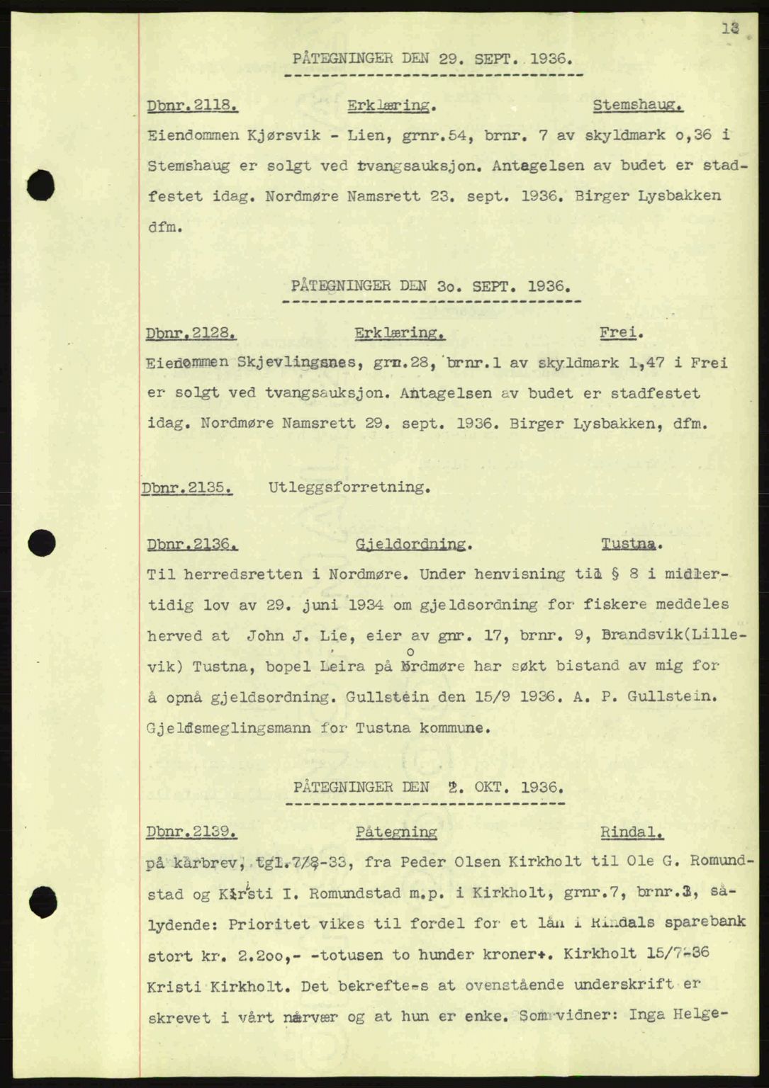 Nordmøre sorenskriveri, SAT/A-4132/1/2/2Ca: Pantebok nr. C80, 1936-1939, Dagboknr: 2118/1936