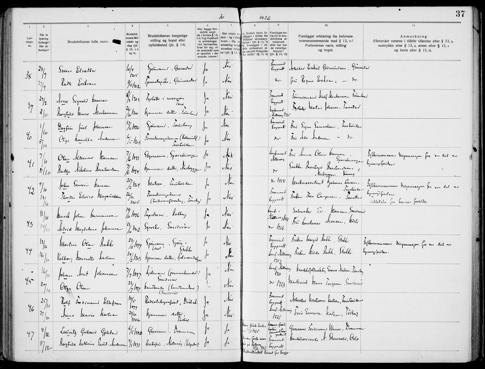 Nøtterøy kirkebøker, AV/SAKO-A-354/H/Ha/L0001: Lysningsprotokoll nr. 1, 1919-1937, s. 37