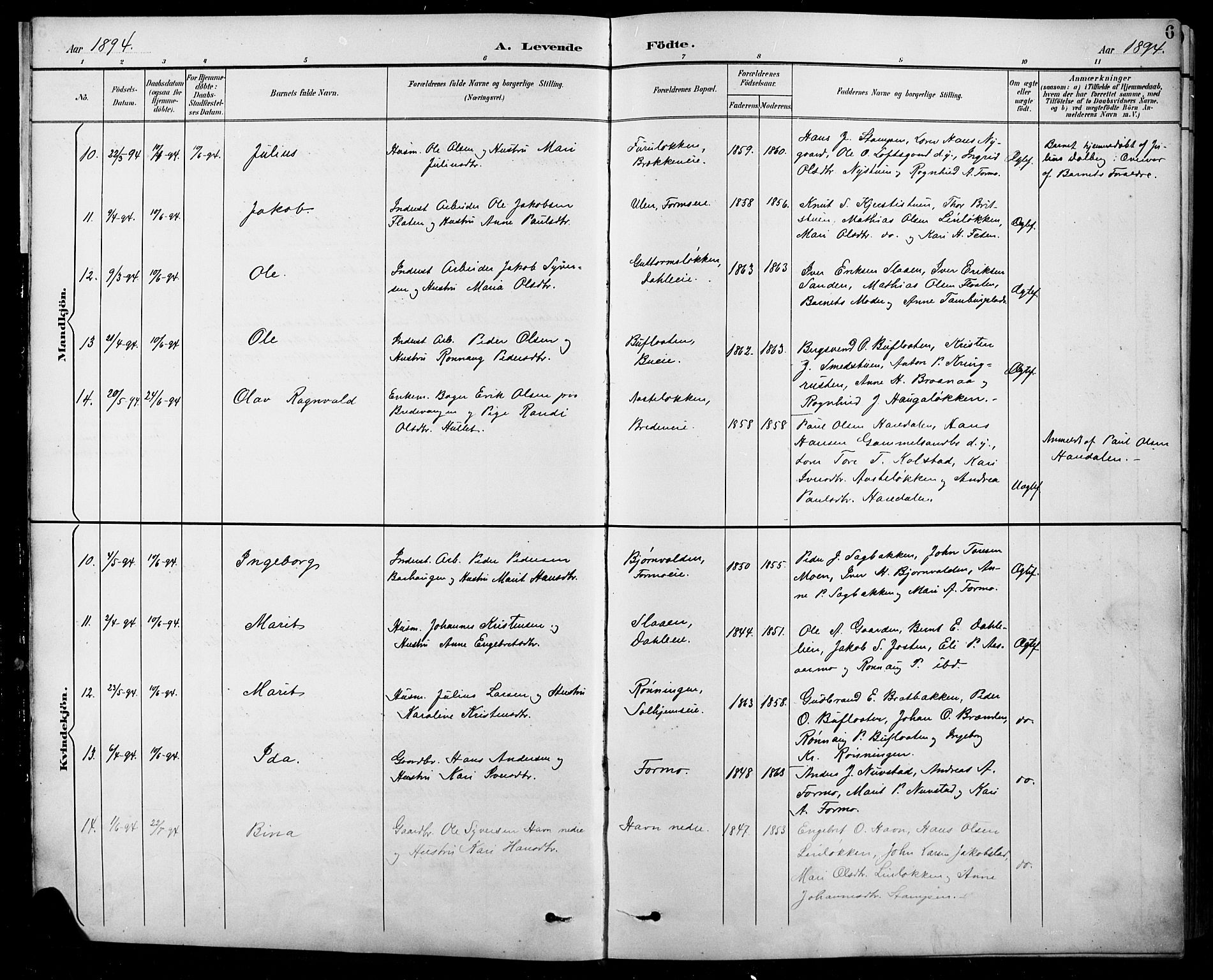 Sel prestekontor, AV/SAH-PREST-074/H/Ha/Hab/L0001: Klokkerbok nr. 1, 1894-1923, s. 6