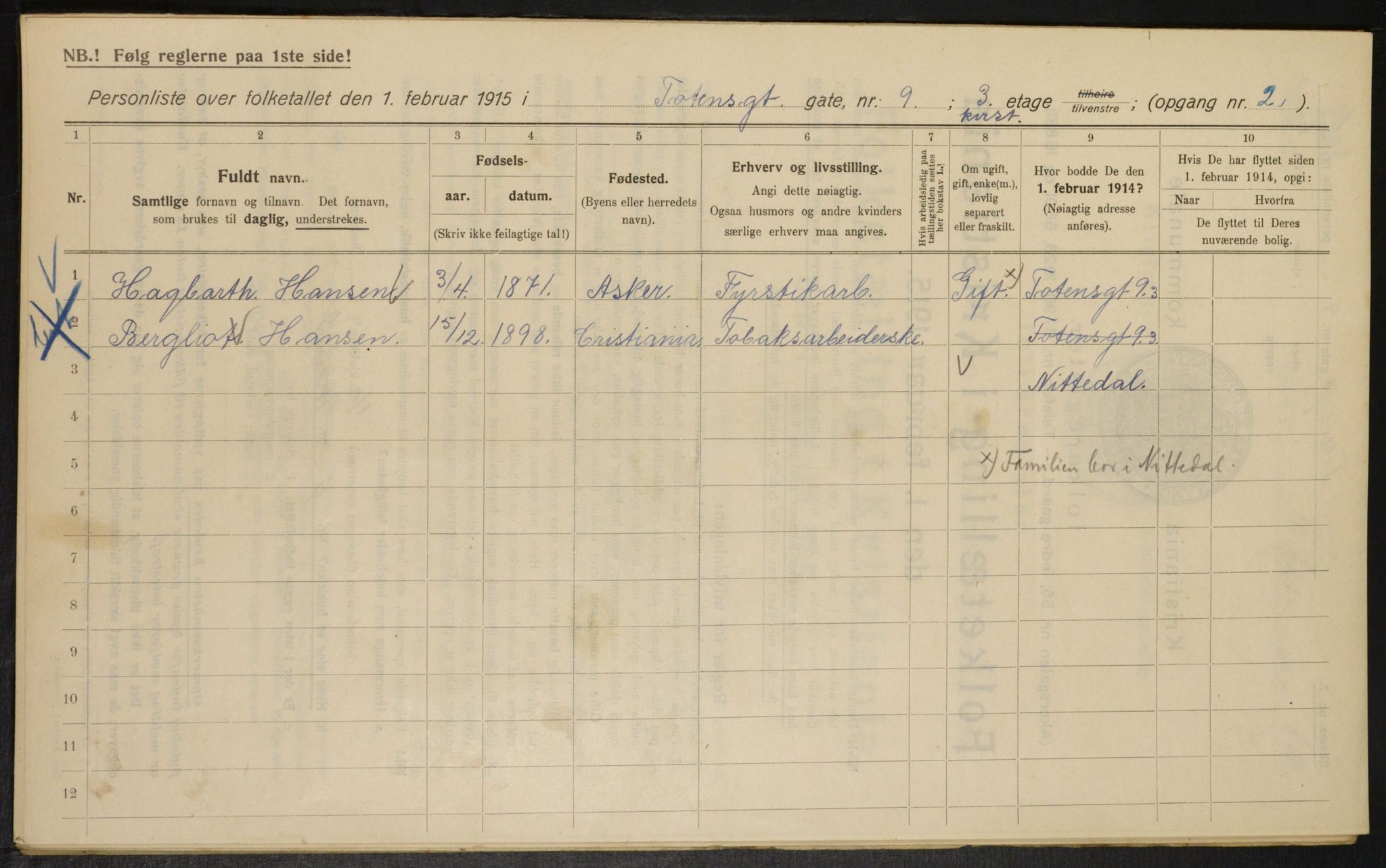 OBA, Kommunal folketelling 1.2.1915 for Kristiania, 1915, s. 115766