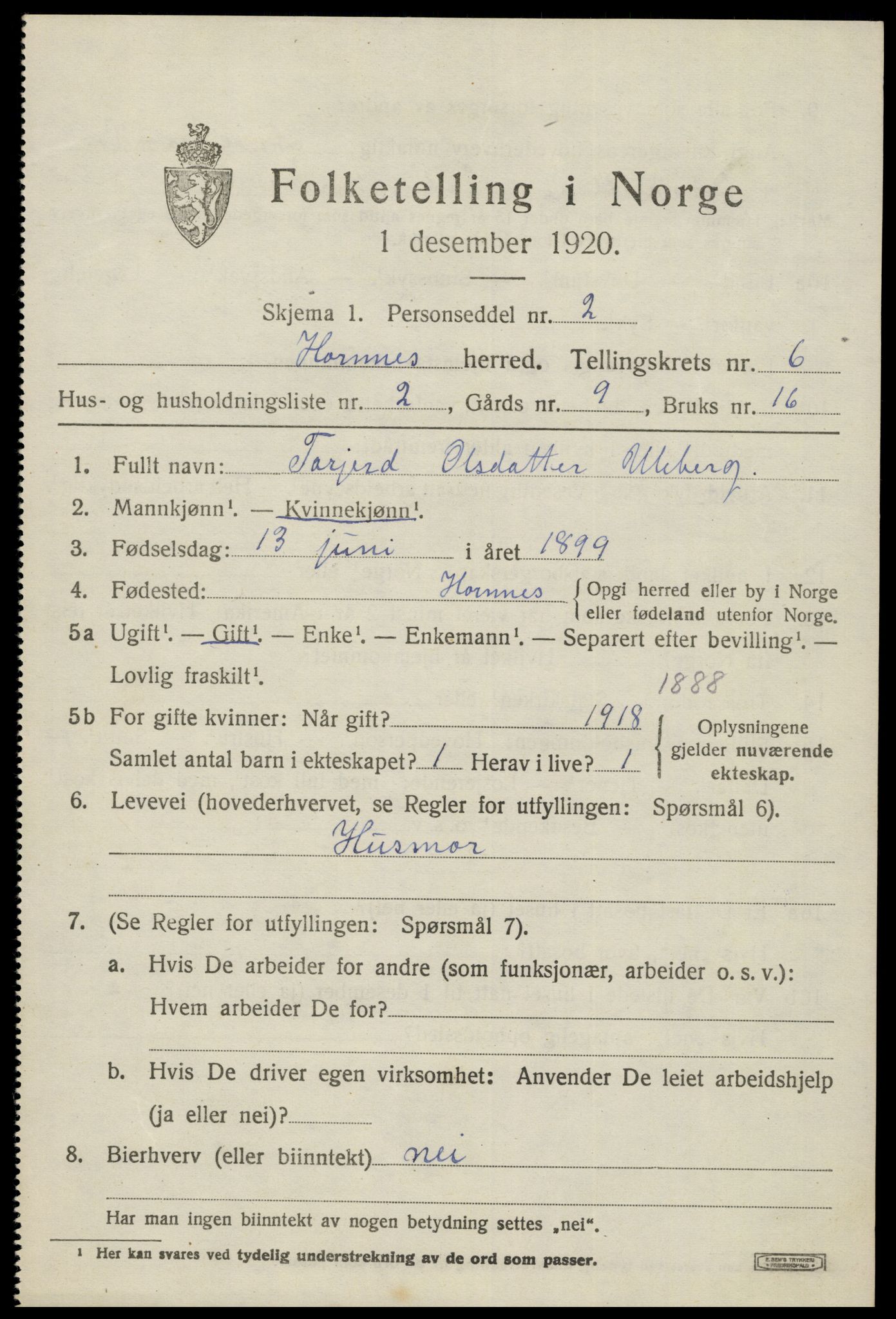 SAK, Folketelling 1920 for 0936 Hornnes herred, 1920, s. 1573