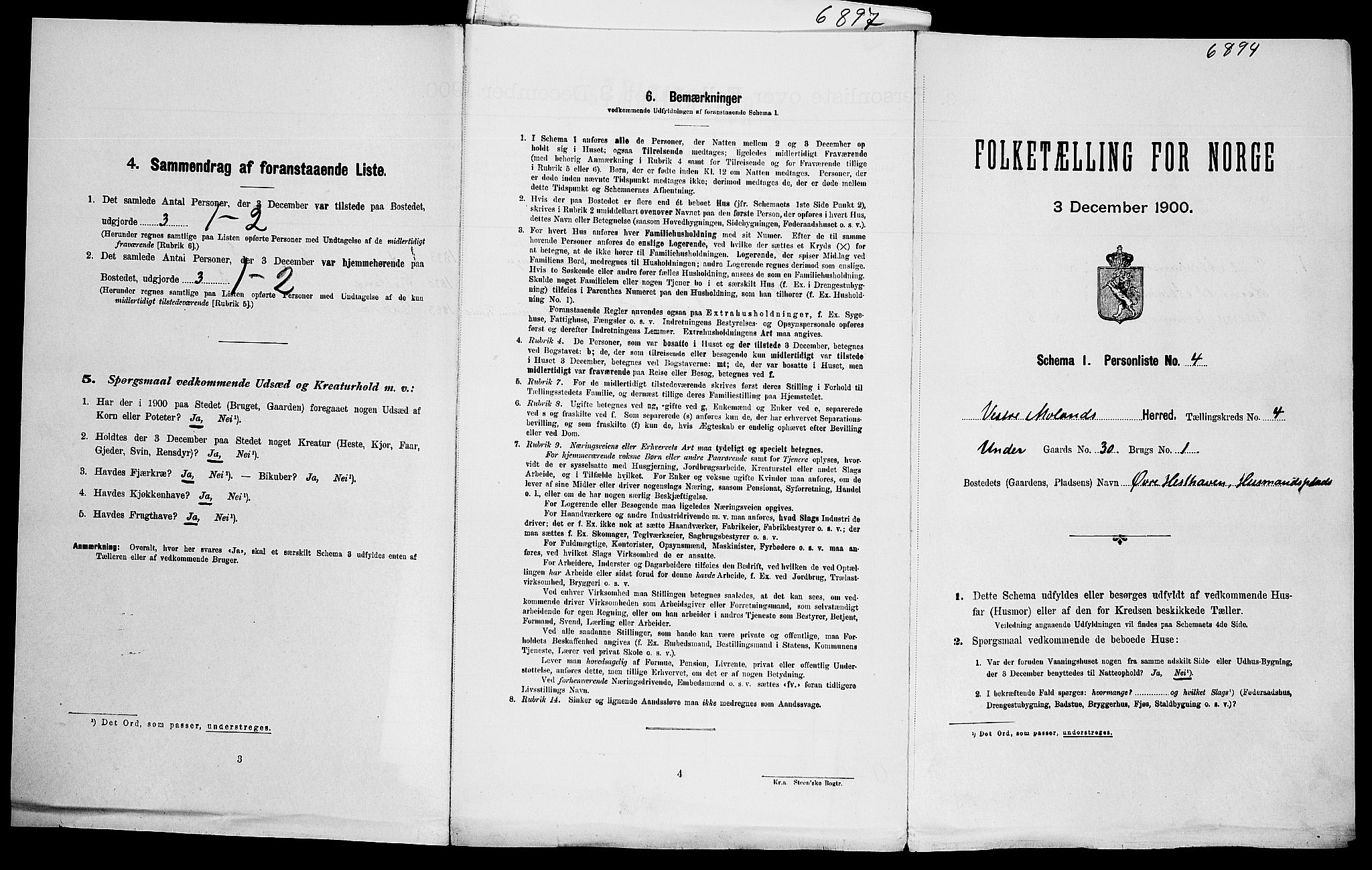 SAK, Folketelling 1900 for 0926 Vestre Moland herred, 1900, s. 413