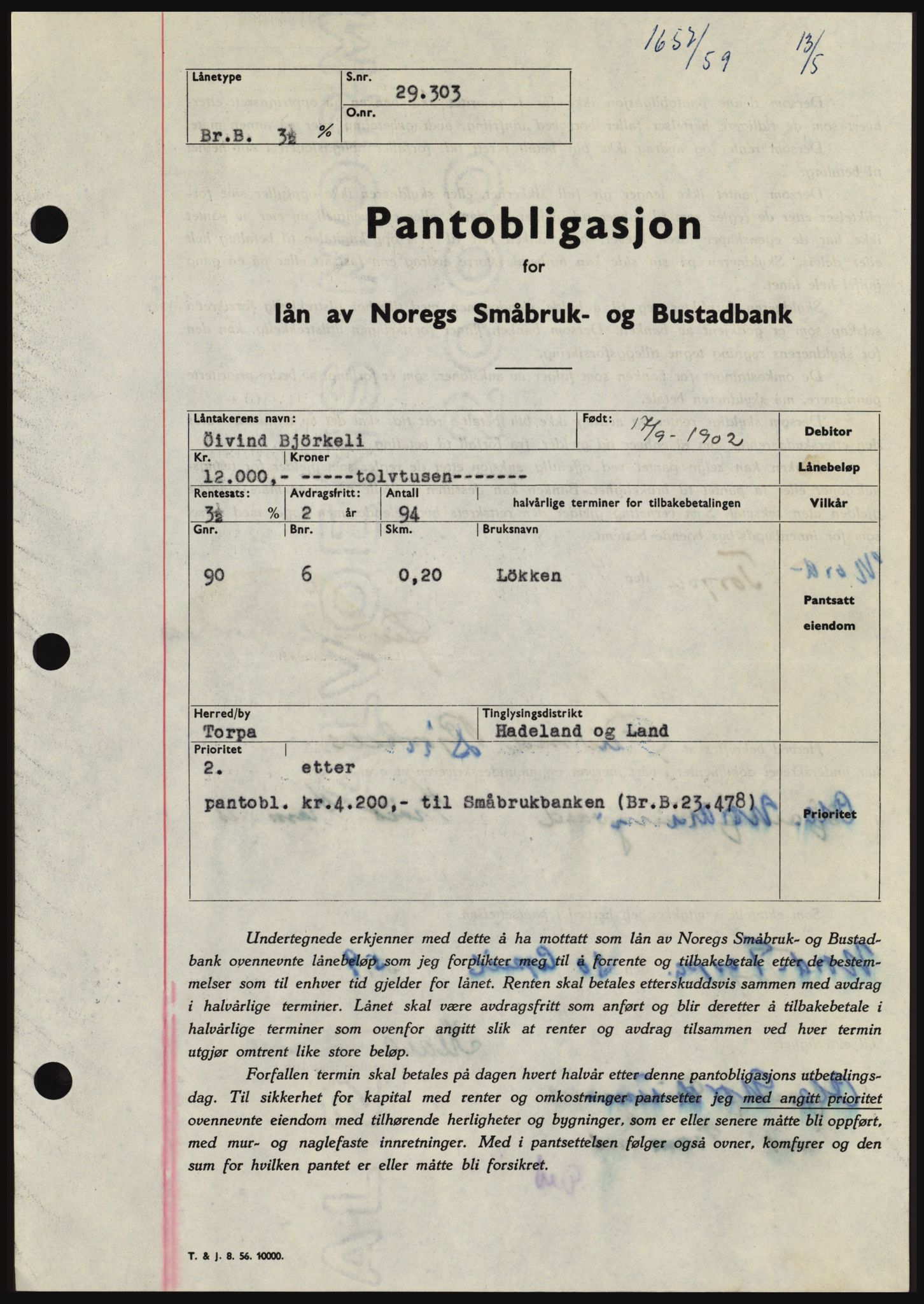 Hadeland og Land tingrett, SAH/TING-010/H/Hb/Hbc/L0040: Pantebok nr. B40, 1959-1959, Dagboknr: 1657/1959