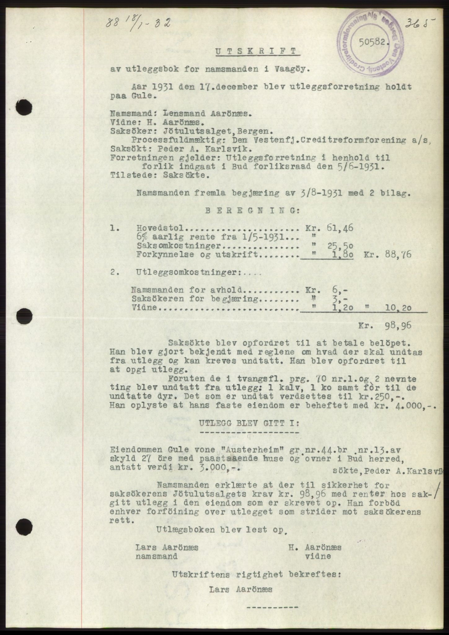 Romsdal sorenskriveri, AV/SAT-A-4149/1/2/2C/L0060: Pantebok nr. 54, 1931-1932, Tingl.dato: 18.01.1932