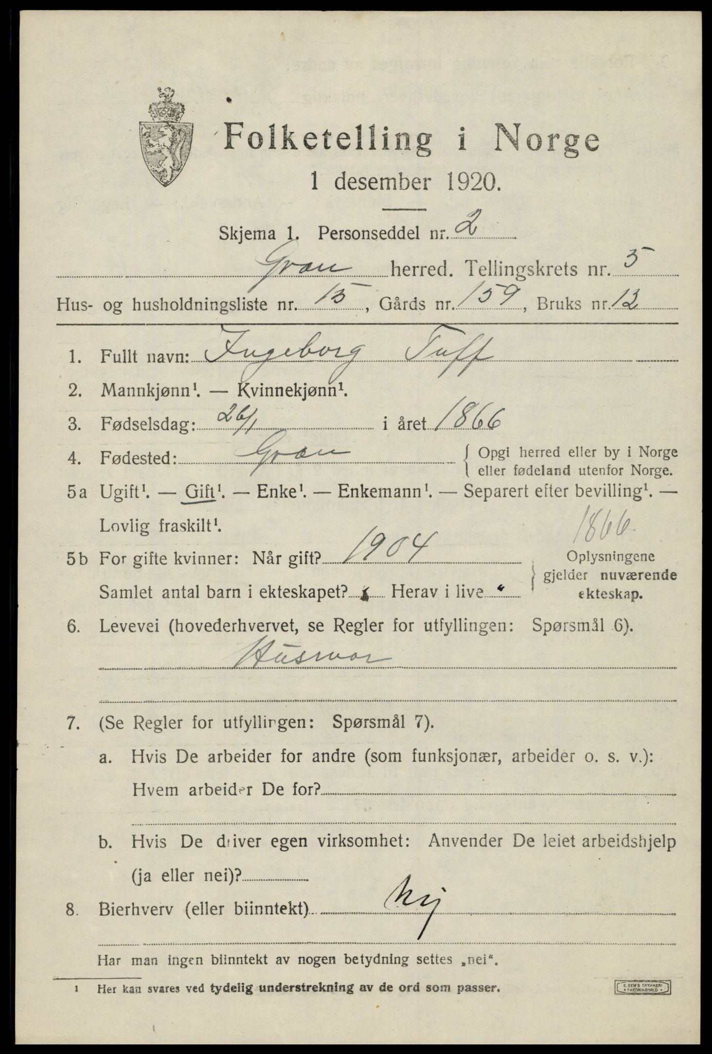 SAH, Folketelling 1920 for 0534 Gran herred, 1920, s. 7121