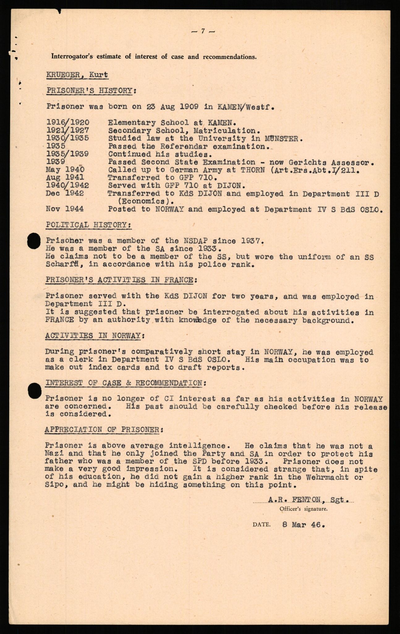 Forsvaret, Forsvarets overkommando II, AV/RA-RAFA-3915/D/Db/L0018: CI Questionaires. Tyske okkupasjonsstyrker i Norge. Tyskere., 1945-1946, s. 381