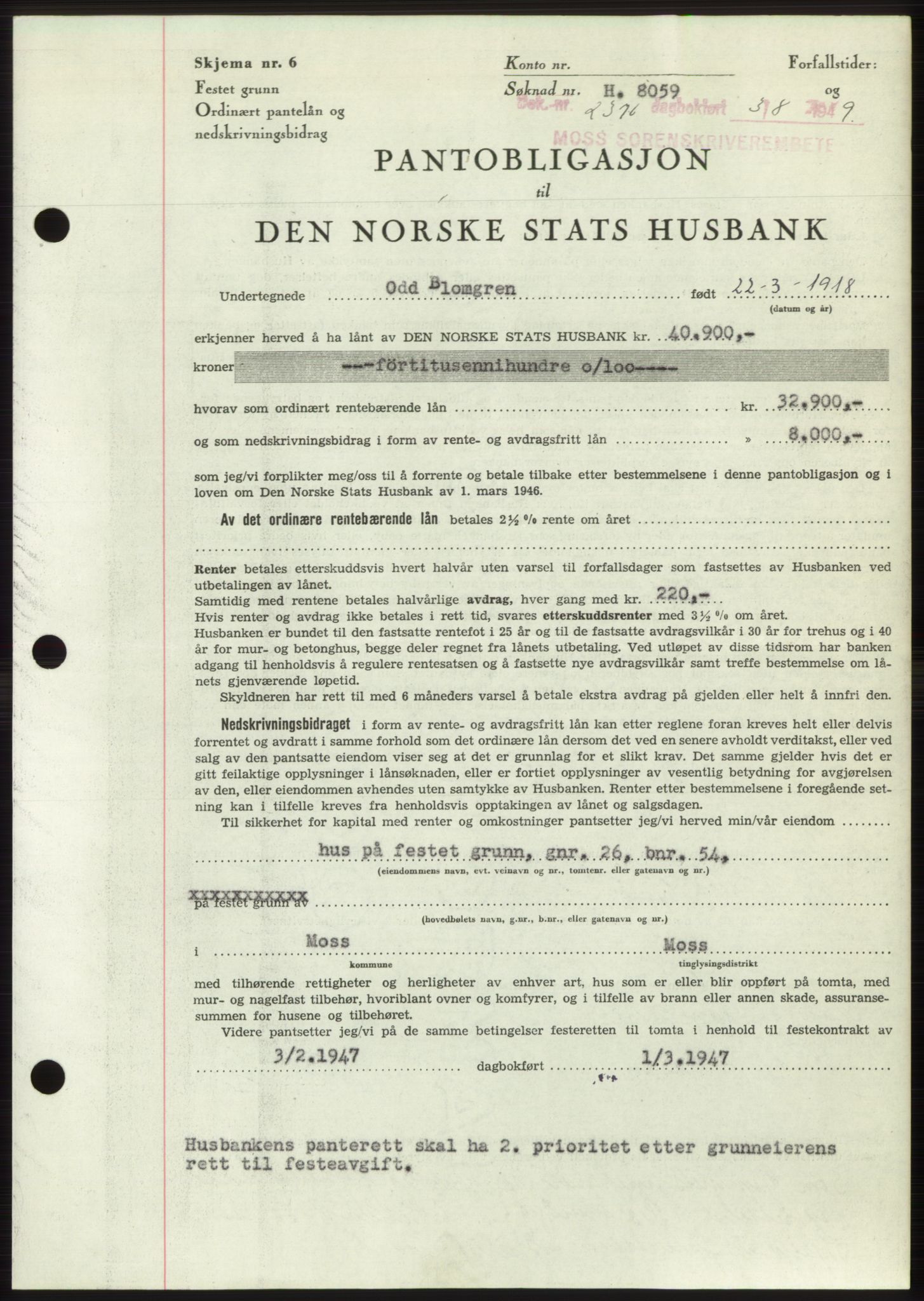 Moss sorenskriveri, SAO/A-10168: Pantebok nr. B22, 1949-1949, Dagboknr: 2376/1949