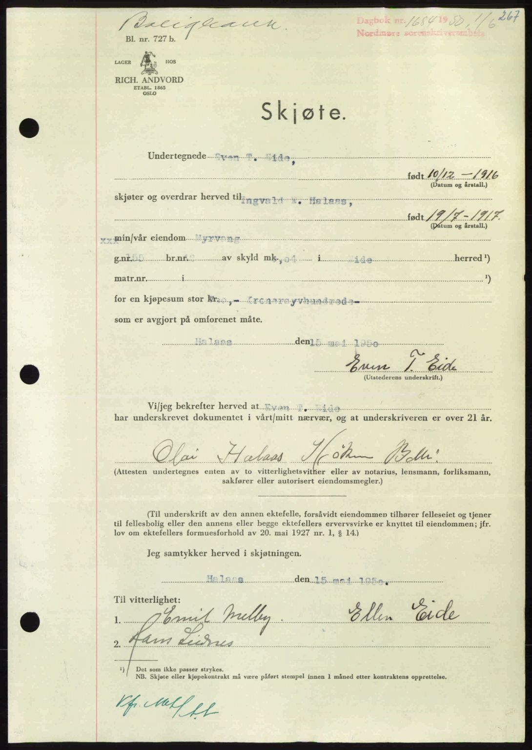 Nordmøre sorenskriveri, SAT/A-4132/1/2/2Ca: Pantebok nr. A115, 1950-1950, Dagboknr: 1684/1950