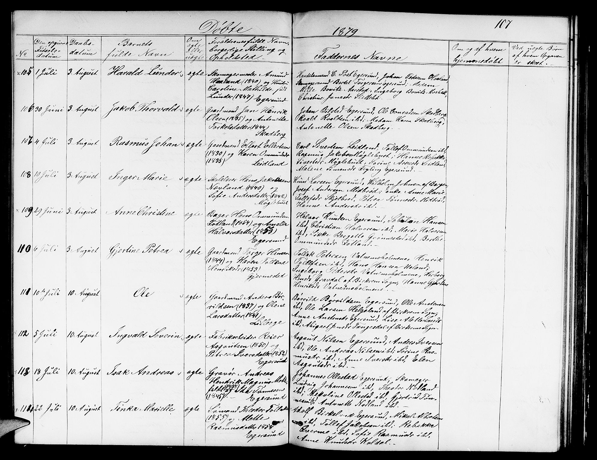 Eigersund sokneprestkontor, AV/SAST-A-101807/S09/L0005: Klokkerbok nr. B 5, 1872-1881, s. 107