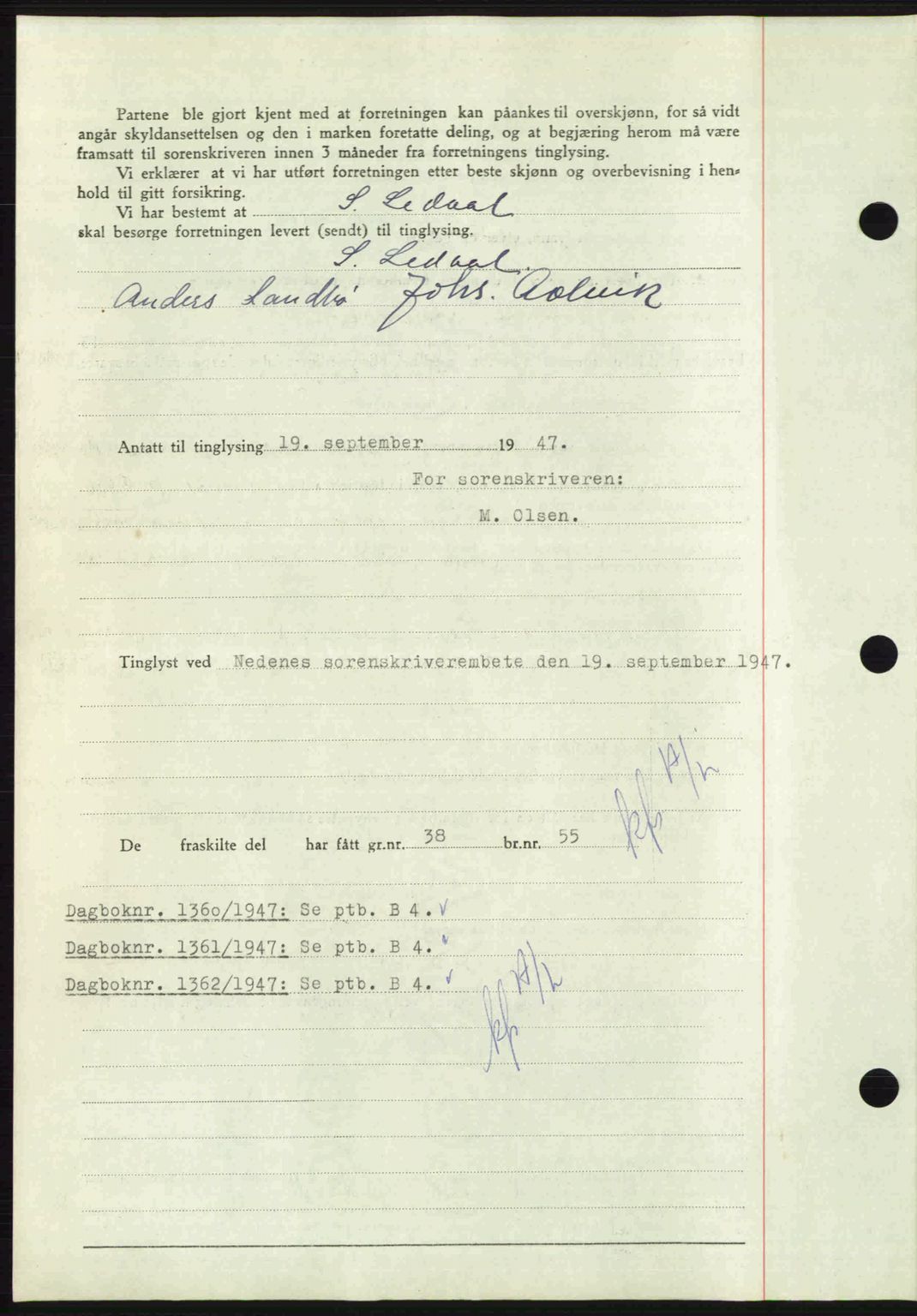 Nedenes sorenskriveri, AV/SAK-1221-0006/G/Gb/Gba/L0058: Pantebok nr. A10, 1947-1948, Dagboknr: 1359/1947