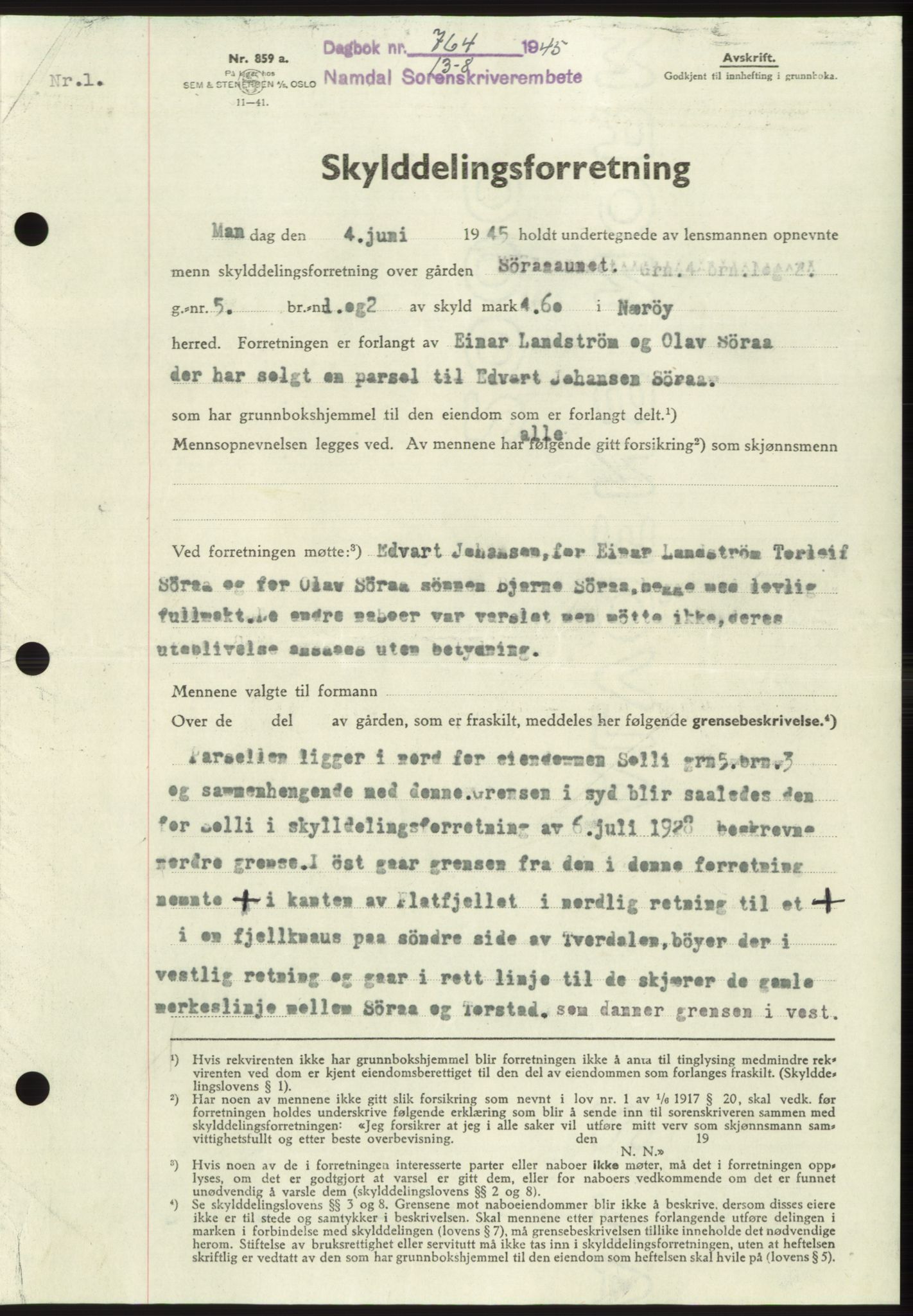 Namdal sorenskriveri, SAT/A-4133/1/2/2C: Pantebok nr. -, 1944-1945, Dagboknr: 764/1945