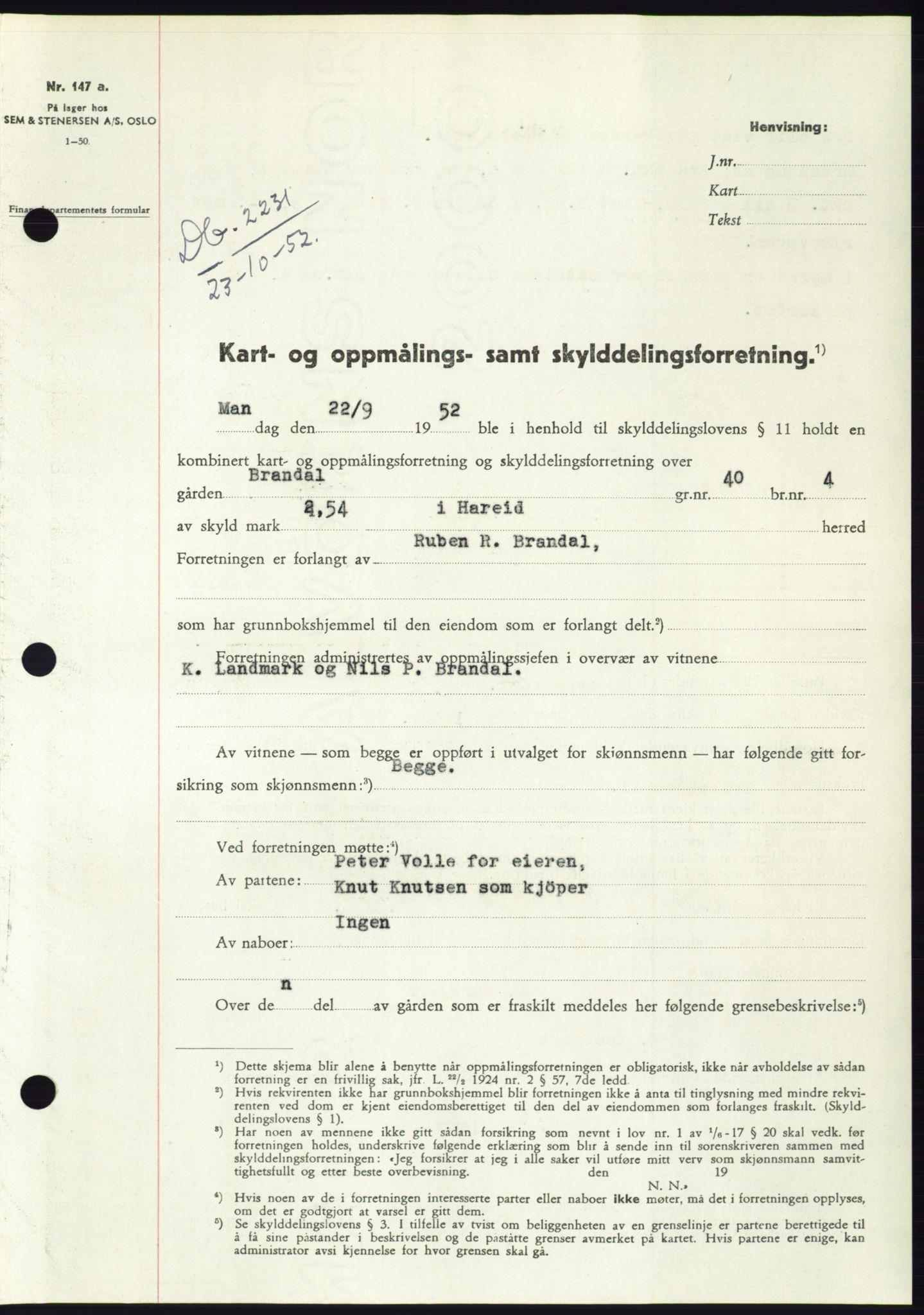 Søre Sunnmøre sorenskriveri, SAT/A-4122/1/2/2C/L0093: Pantebok nr. 19A, 1952-1953, Dagboknr: 2231/1952