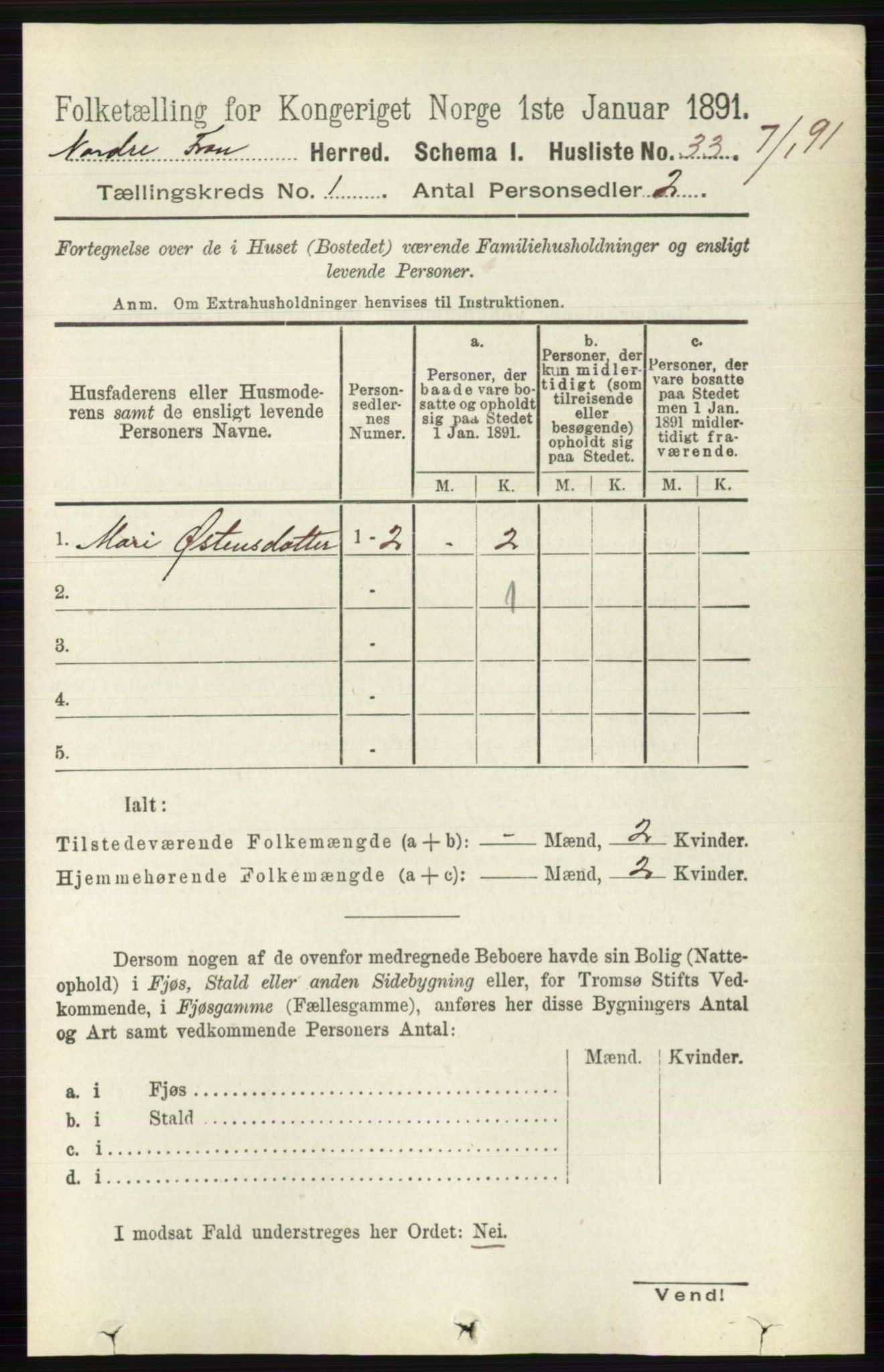 RA, Folketelling 1891 for 0518 Nord-Fron herred, 1891, s. 67