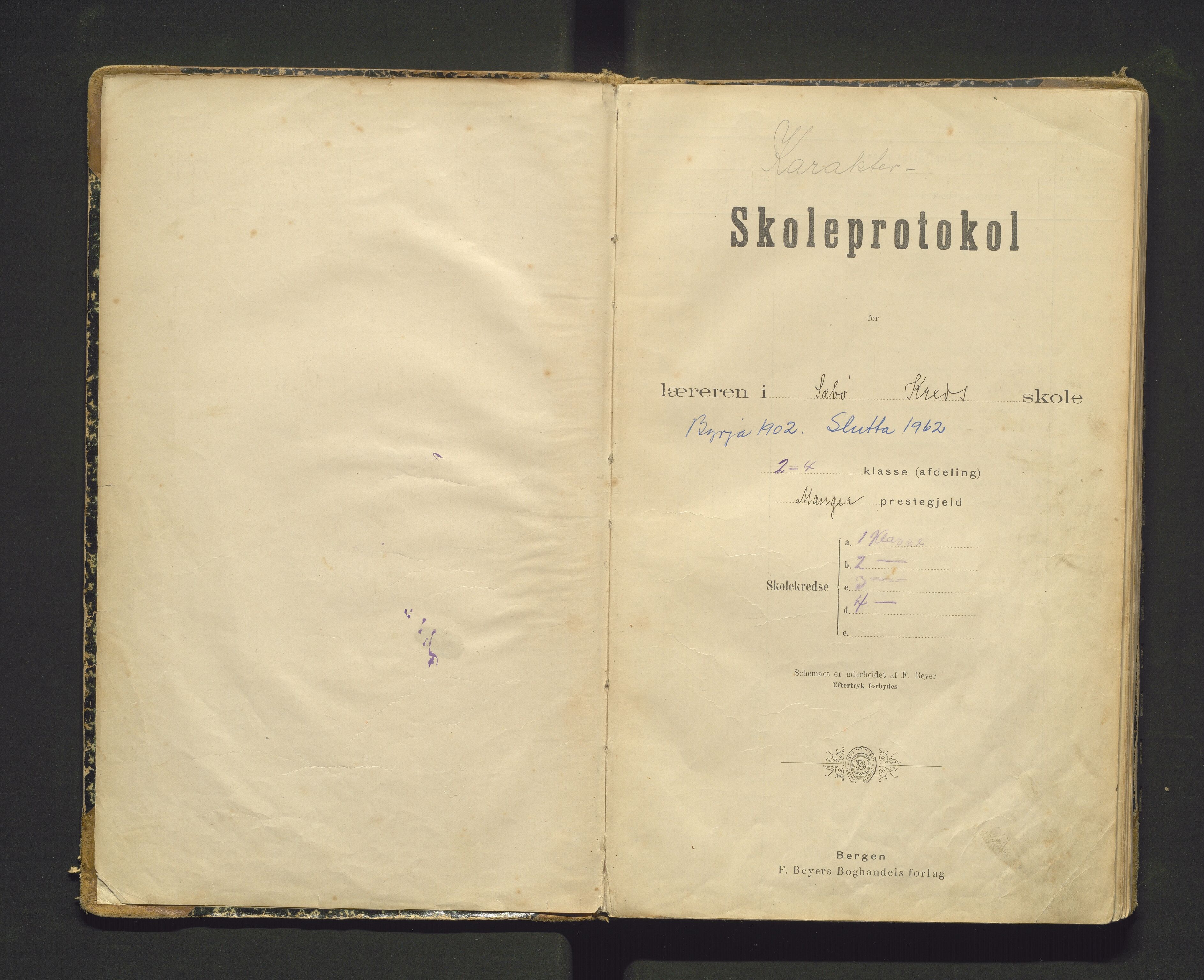 Sæbø kommune. Barneskulane, IKAH/1262-231/F/Fa/L0001: Skuleprotokoll for læraren i Sæbø skule, 1902-1962