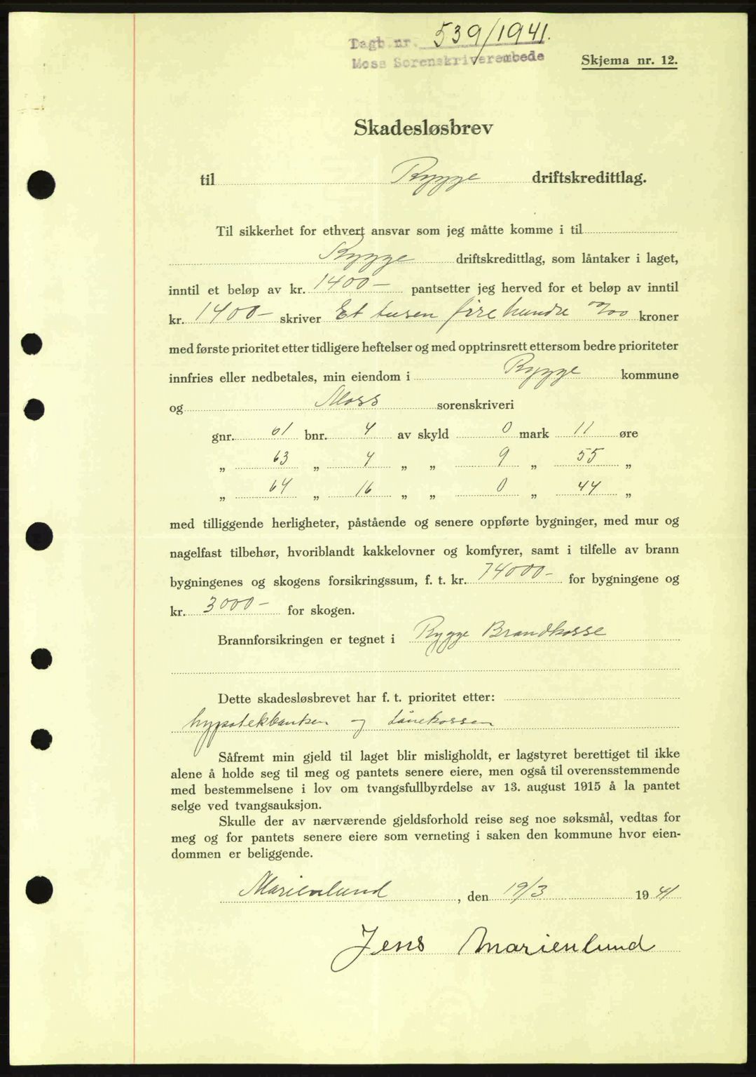 Moss sorenskriveri, SAO/A-10168: Pantebok nr. B10, 1940-1941, Dagboknr: 539/1941