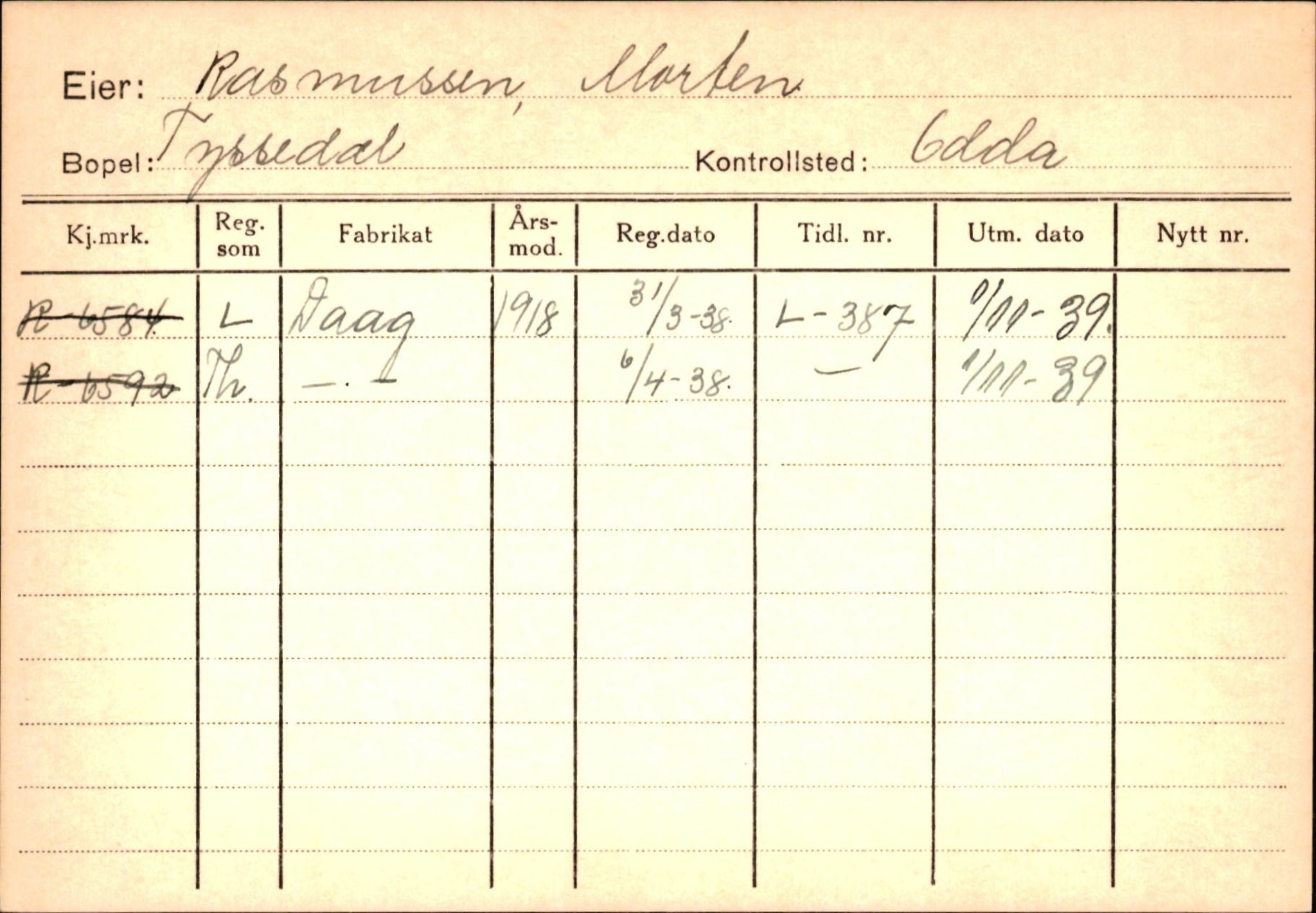 Statens vegvesen, Hordaland vegkontor, AV/SAB-A-5201/2/Hc/L0003: Eierkort Hardanger R-Å, 1928-1960, s. 11