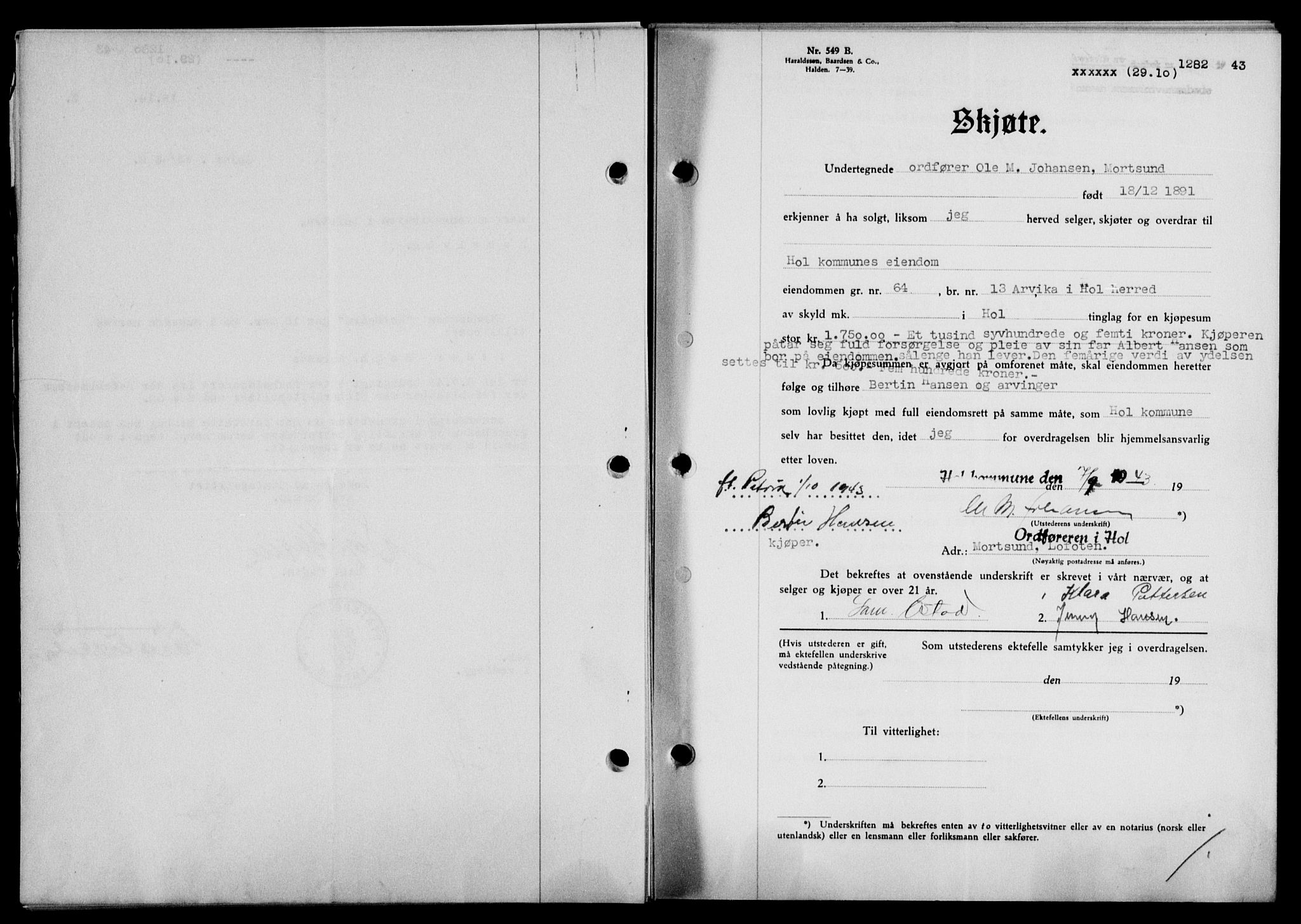 Lofoten sorenskriveri, SAT/A-0017/1/2/2C/L0011a: Pantebok nr. 11a, 1943-1943, Dagboknr: 1282/1943