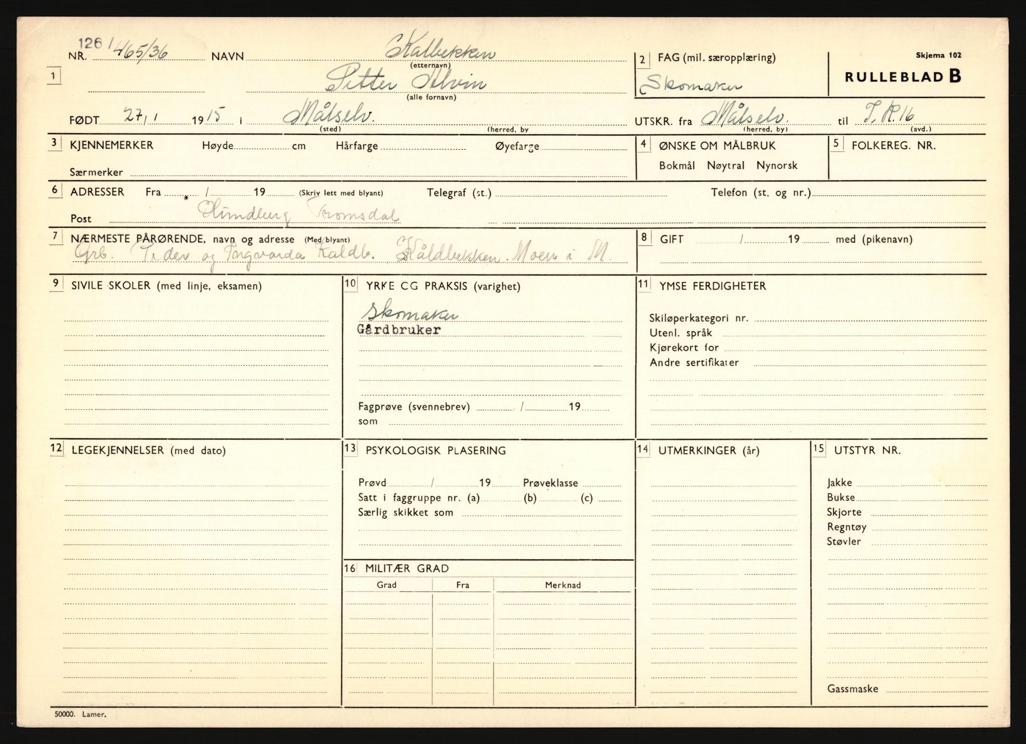 Forsvaret, Troms infanteriregiment nr. 16, AV/RA-RAFA-3146/P/Pa/L0020: Rulleblad for regimentets menige mannskaper, årsklasse 1936, 1936, s. 685