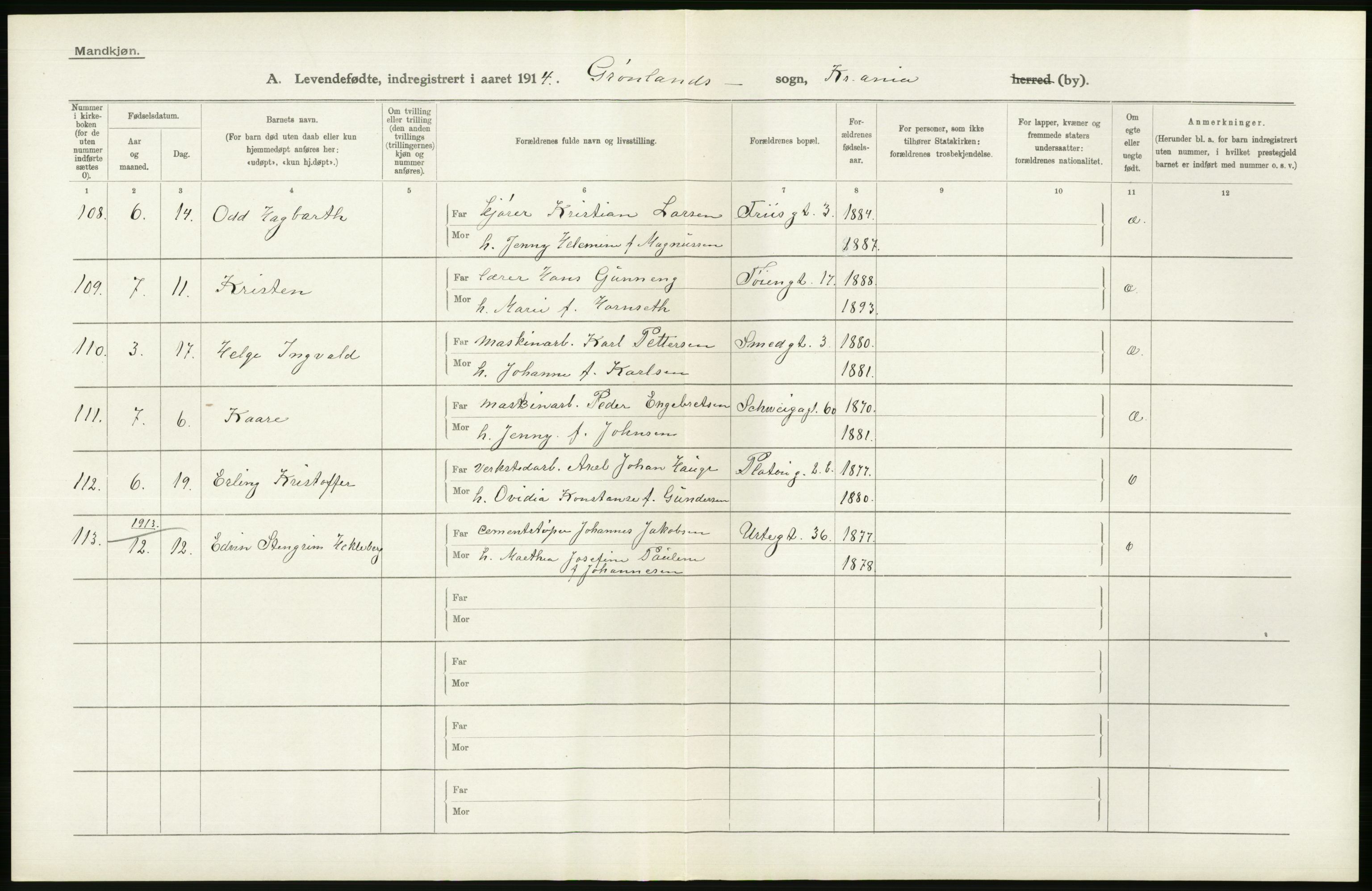 Statistisk sentralbyrå, Sosiodemografiske emner, Befolkning, AV/RA-S-2228/D/Df/Dfb/Dfbd/L0005: Kristiania: Levendefødte menn og kvinner., 1914, s. 616