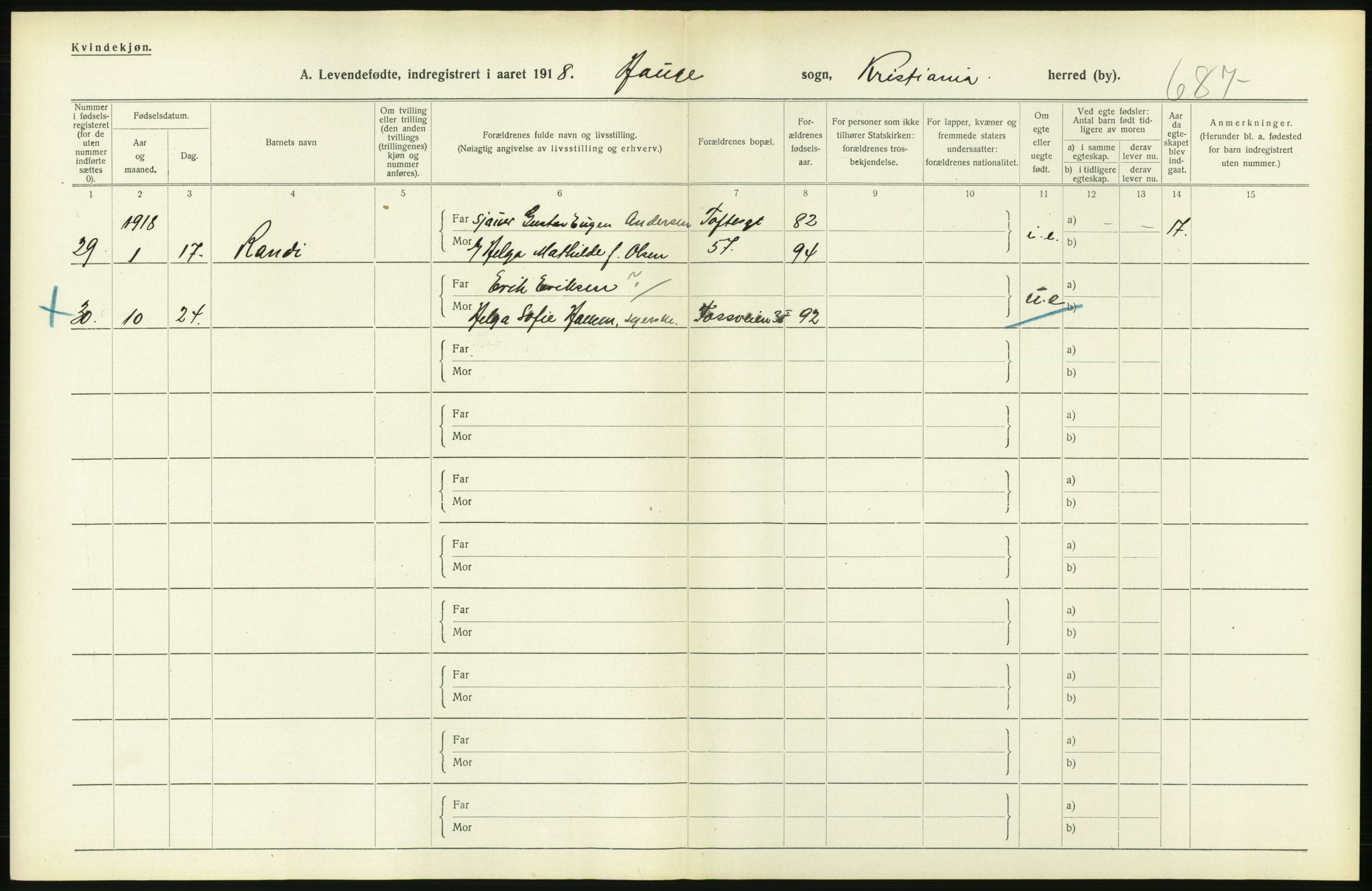 Statistisk sentralbyrå, Sosiodemografiske emner, Befolkning, RA/S-2228/D/Df/Dfb/Dfbh/L0007: Kristiania: Levendefødte menn og kvinner., 1918, s. 430