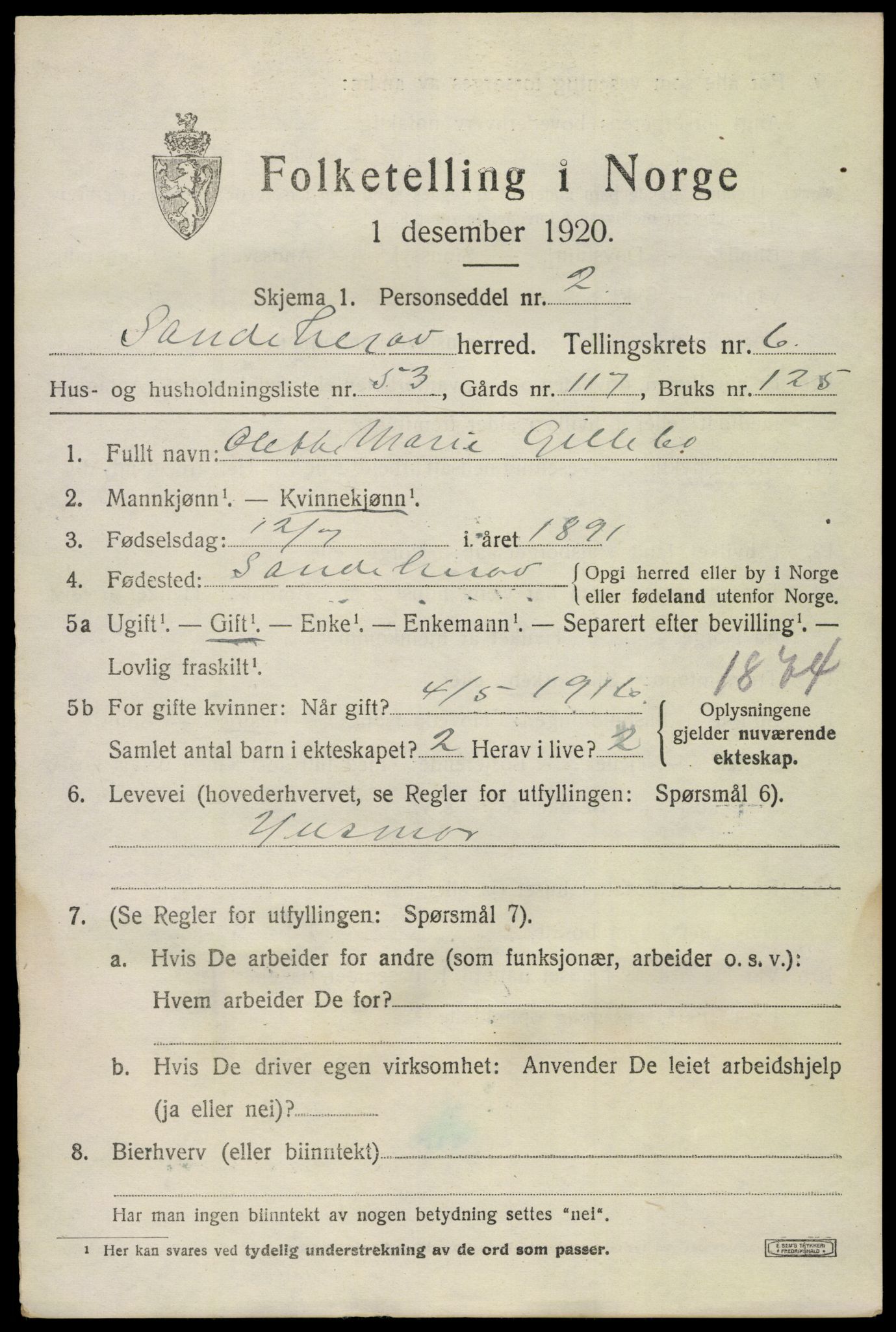 SAKO, Folketelling 1920 for 0724 Sandeherred herred, 1920, s. 10278