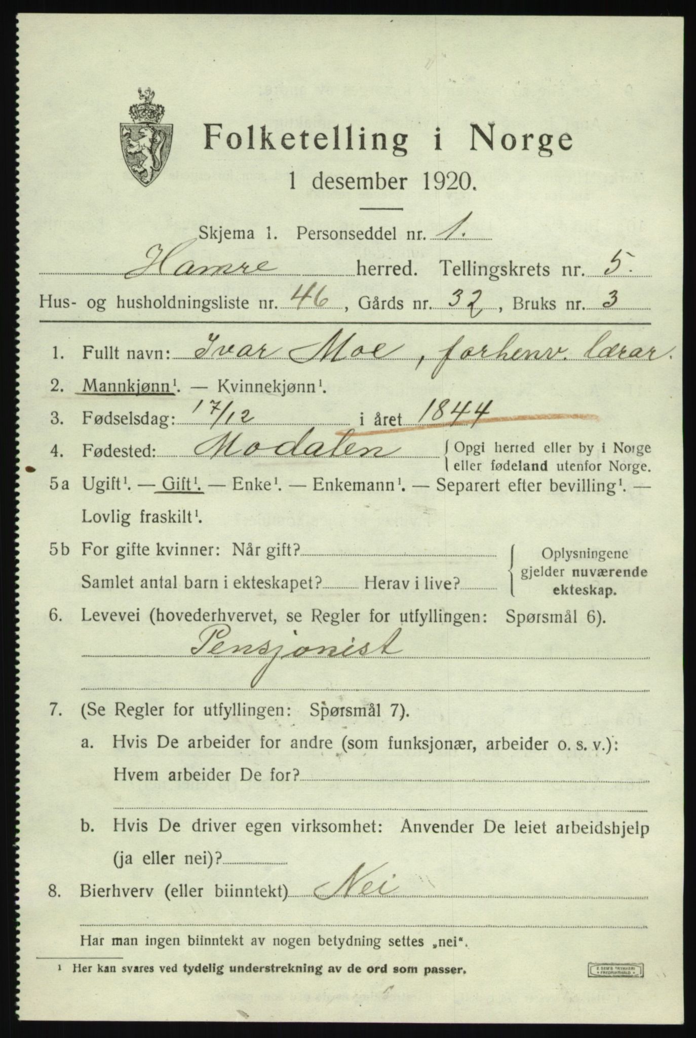 SAB, Folketelling 1920 for 1254 Hamre herred, 1920, s. 3431