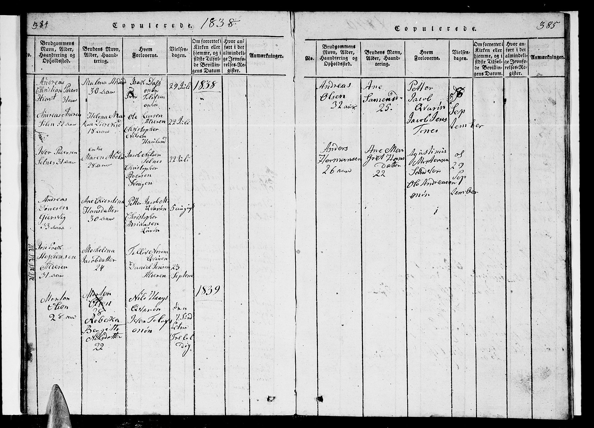 Ministerialprotokoller, klokkerbøker og fødselsregistre - Nordland, SAT/A-1459/839/L0571: Klokkerbok nr. 839C01, 1820-1840, s. 384-385