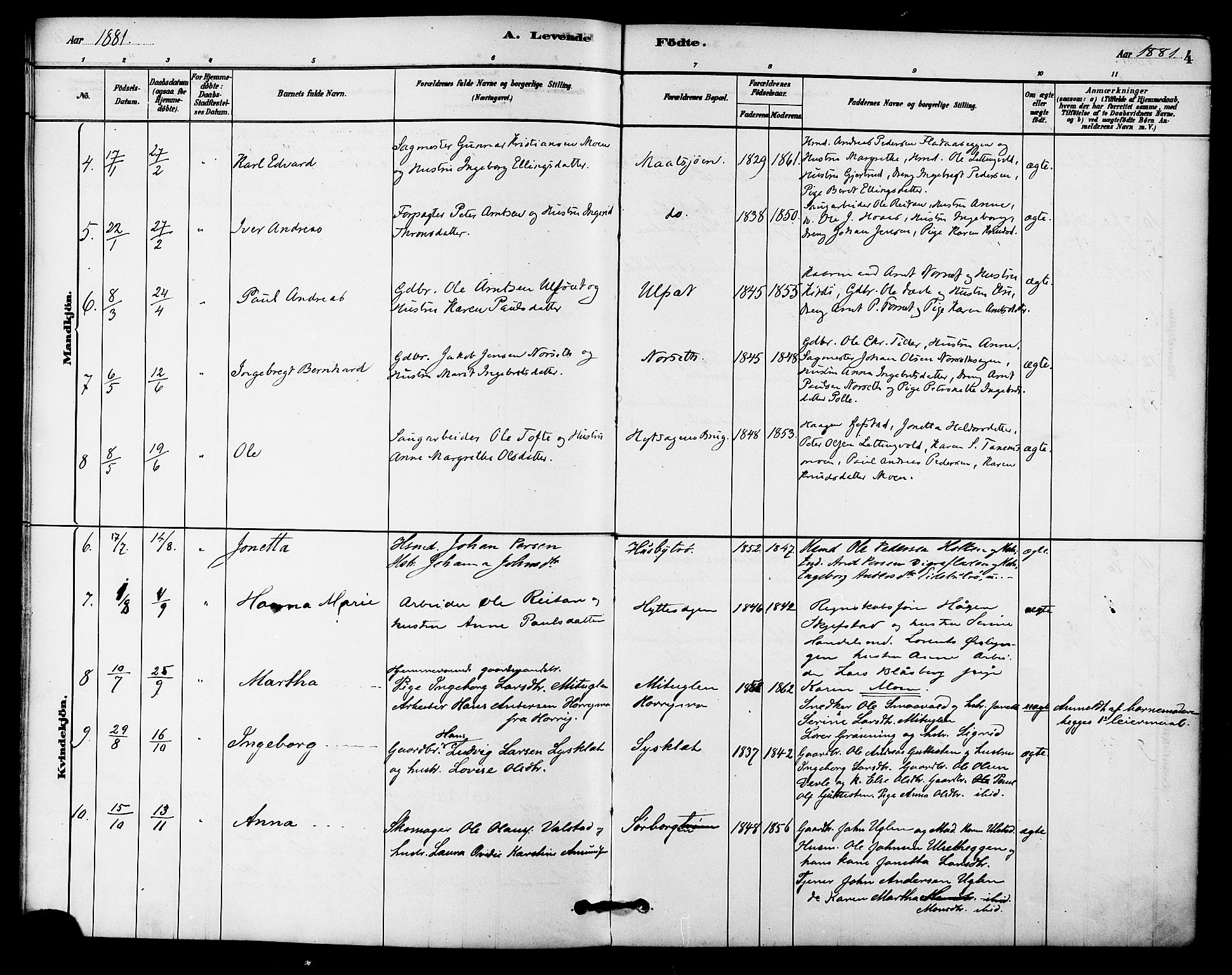 Ministerialprotokoller, klokkerbøker og fødselsregistre - Sør-Trøndelag, SAT/A-1456/618/L0444: Ministerialbok nr. 618A07, 1880-1898, s. 4