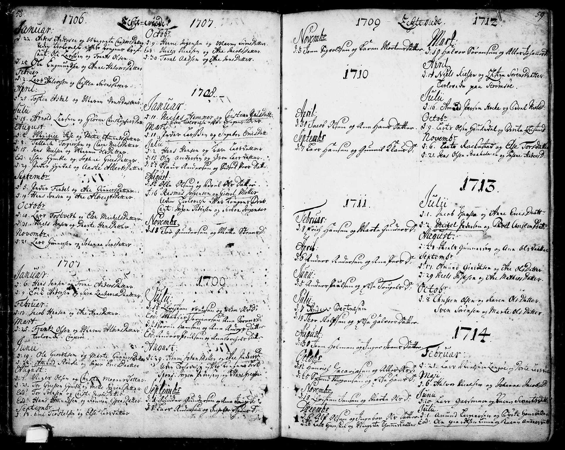 Bamble kirkebøker, AV/SAKO-A-253/F/Fa/L0001: Ministerialbok nr. I 1, 1702-1774, s. 58-59