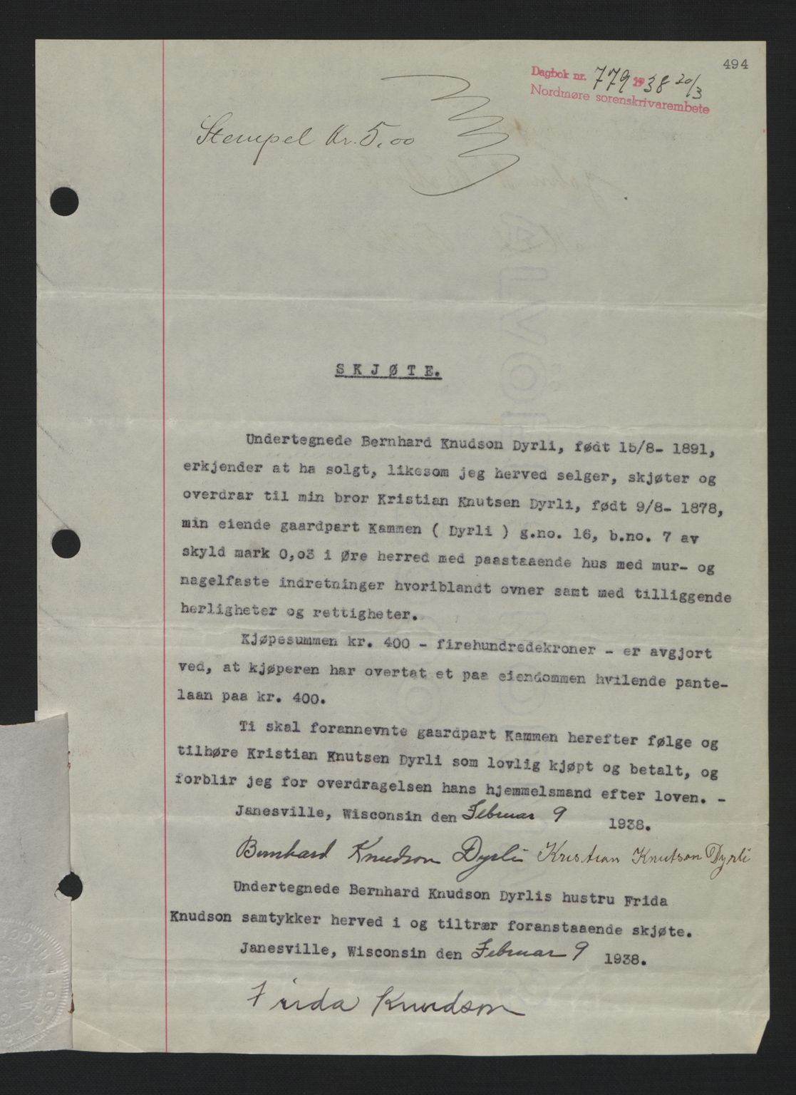 Nordmøre sorenskriveri, SAT/A-4132/1/2/2Ca: Pantebok nr. A83, 1938-1938, Dagboknr: 779/1938