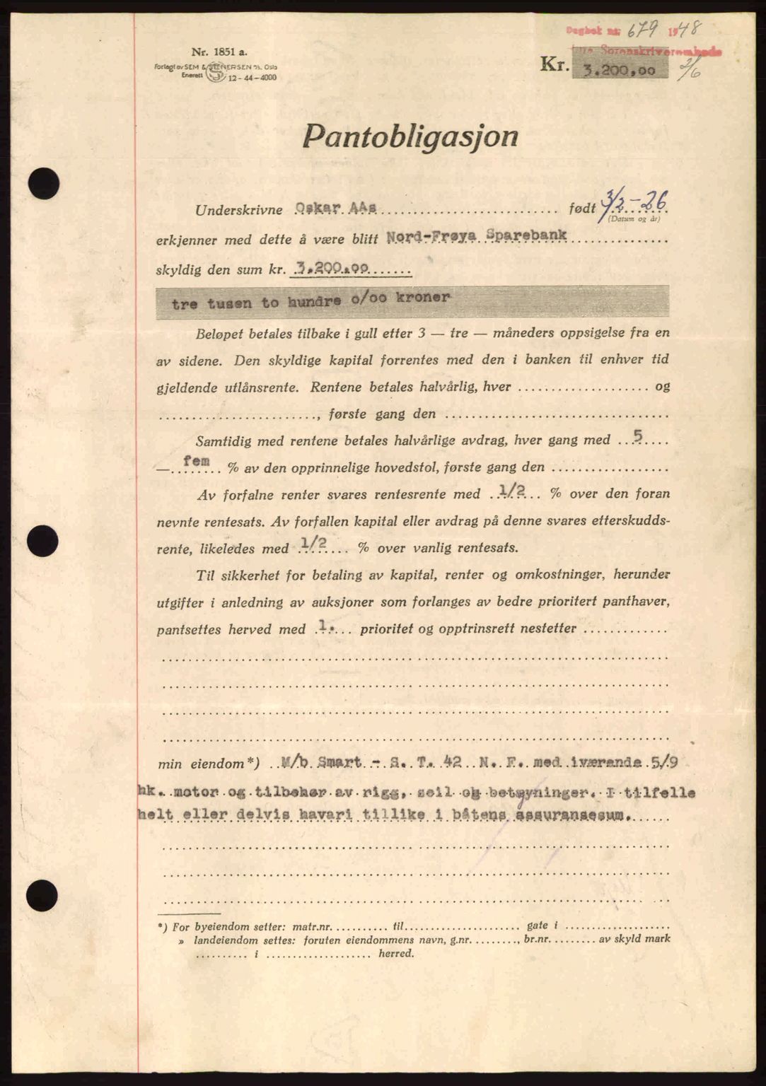 Hitra sorenskriveri, AV/SAT-A-0018/2/2C/2Ca: Pantebok nr. B1, 1939-1949, Dagboknr: 679/1948