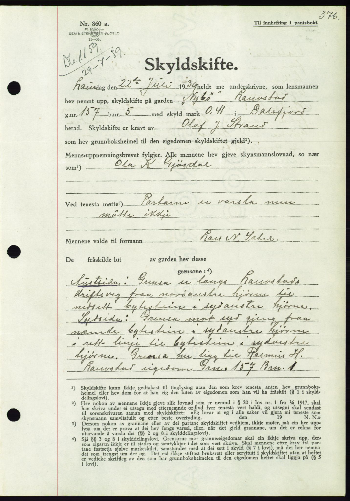 Søre Sunnmøre sorenskriveri, AV/SAT-A-4122/1/2/2C/L0068: Pantebok nr. 62, 1939-1939, Dagboknr: 1159/1939