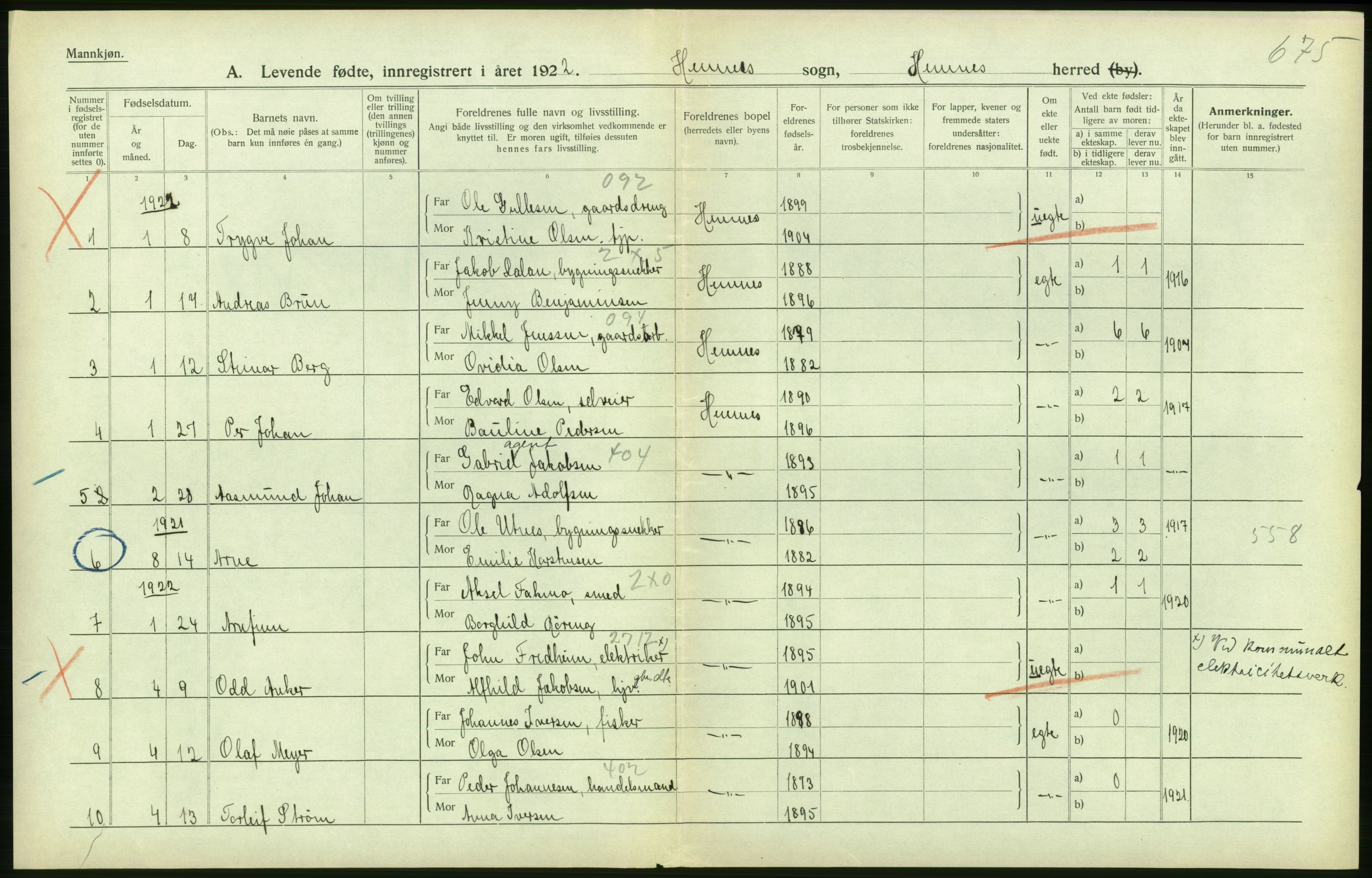 Statistisk sentralbyrå, Sosiodemografiske emner, Befolkning, RA/S-2228/D/Df/Dfc/Dfcb/L0044: Nordland fylke: Levendefødte menn og kvinner. Bygder og byer., 1922, s. 236