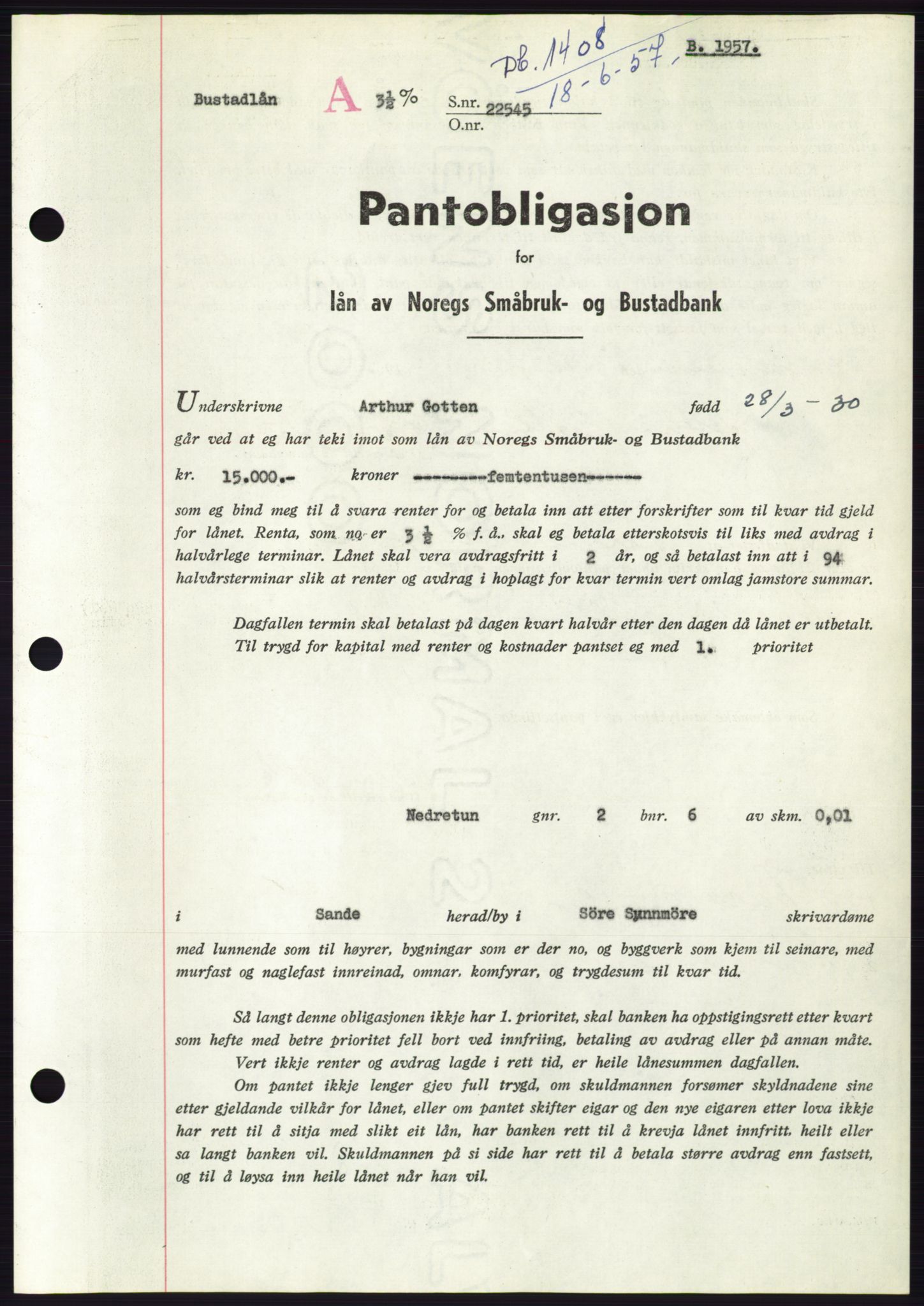 Søre Sunnmøre sorenskriveri, AV/SAT-A-4122/1/2/2C/L0130: Pantebok nr. 18B, 1957-1958, Dagboknr: 1408/1957