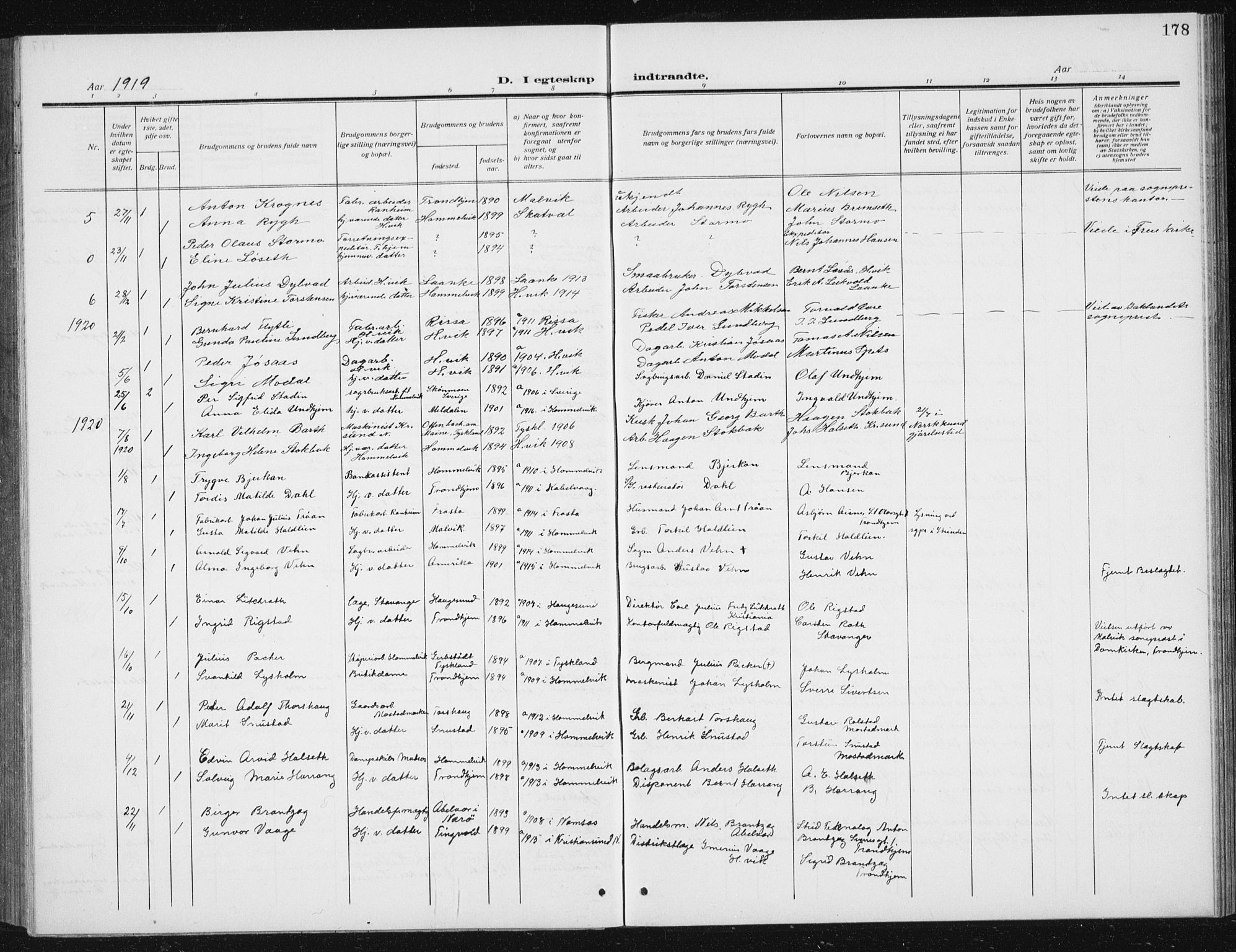 Ministerialprotokoller, klokkerbøker og fødselsregistre - Sør-Trøndelag, AV/SAT-A-1456/617/L0431: Klokkerbok nr. 617C02, 1910-1936, s. 178