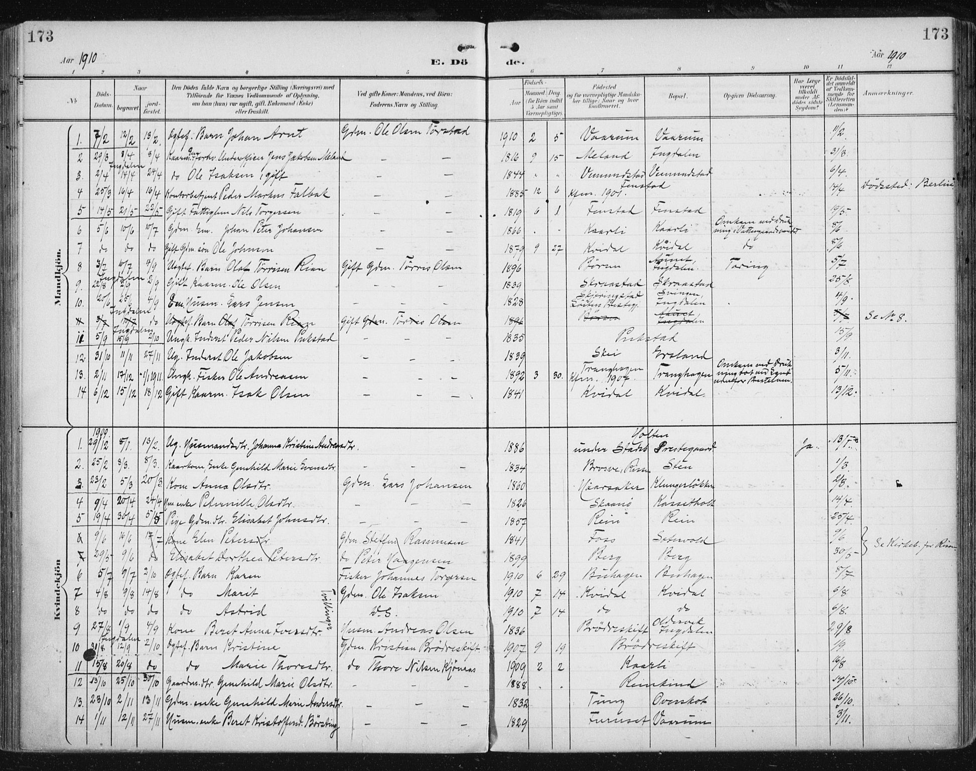 Ministerialprotokoller, klokkerbøker og fødselsregistre - Sør-Trøndelag, AV/SAT-A-1456/646/L0616: Ministerialbok nr. 646A14, 1900-1918, s. 173