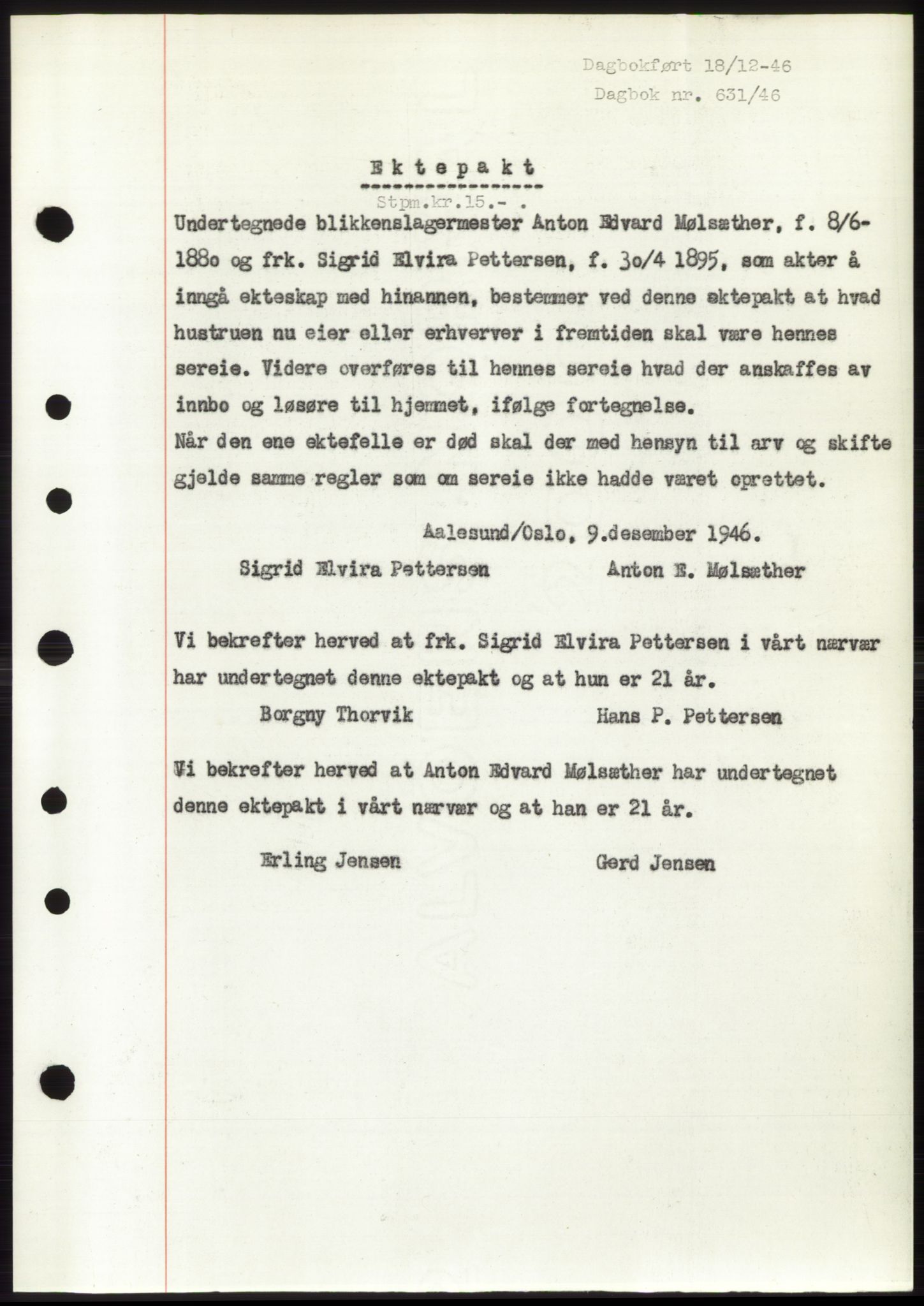 Ålesund byfogd, SAT/A-4384: Pantebok nr. B34-35 b, 1946-1947, Dagboknr: 631/1946