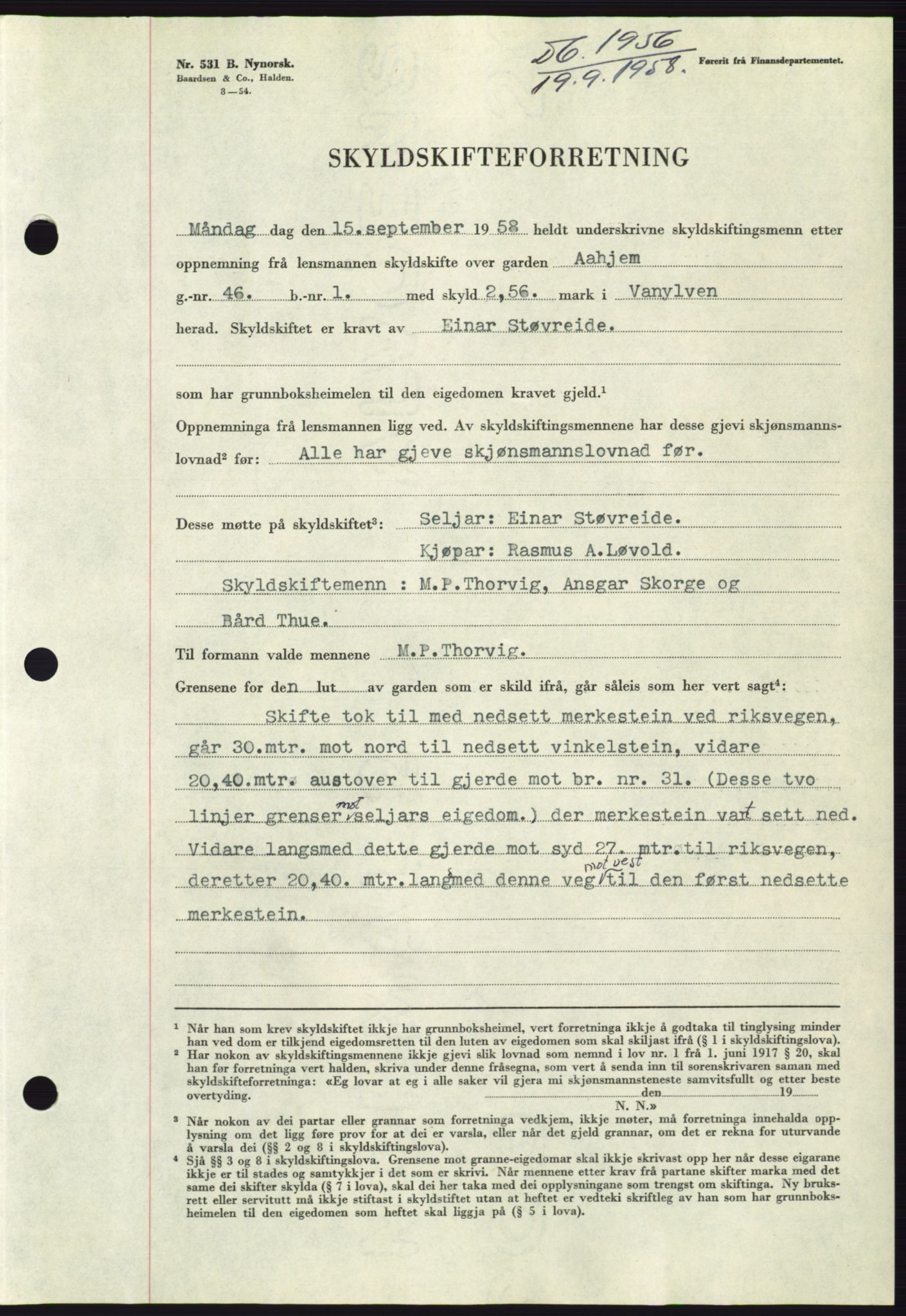 Søre Sunnmøre sorenskriveri, AV/SAT-A-4122/1/2/2C/L0110: Pantebok nr. 36A, 1958-1958, Dagboknr: 1956/1958