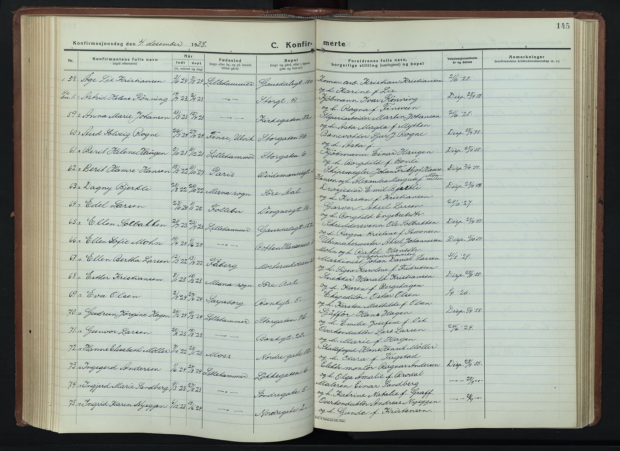 Lillehammer prestekontor, AV/SAH-PREST-088/H/Ha/Hab/L0003: Klokkerbok nr. 3, 1927-1943, s. 145