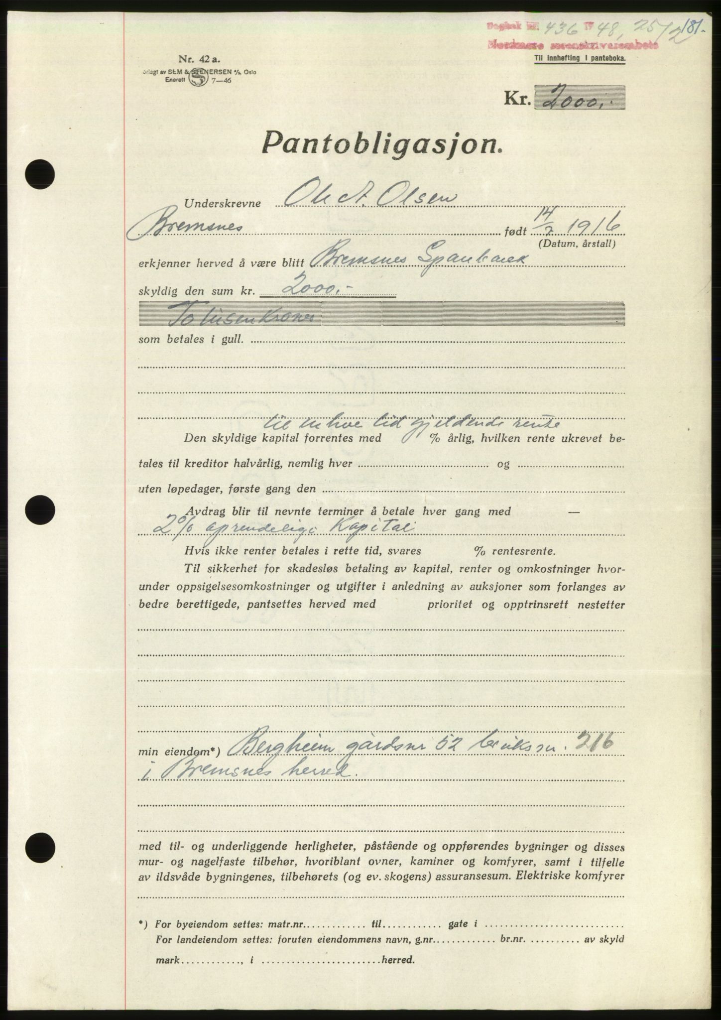 Nordmøre sorenskriveri, SAT/A-4132/1/2/2Ca: Pantebok nr. B98, 1948-1948, Dagboknr: 436/1948