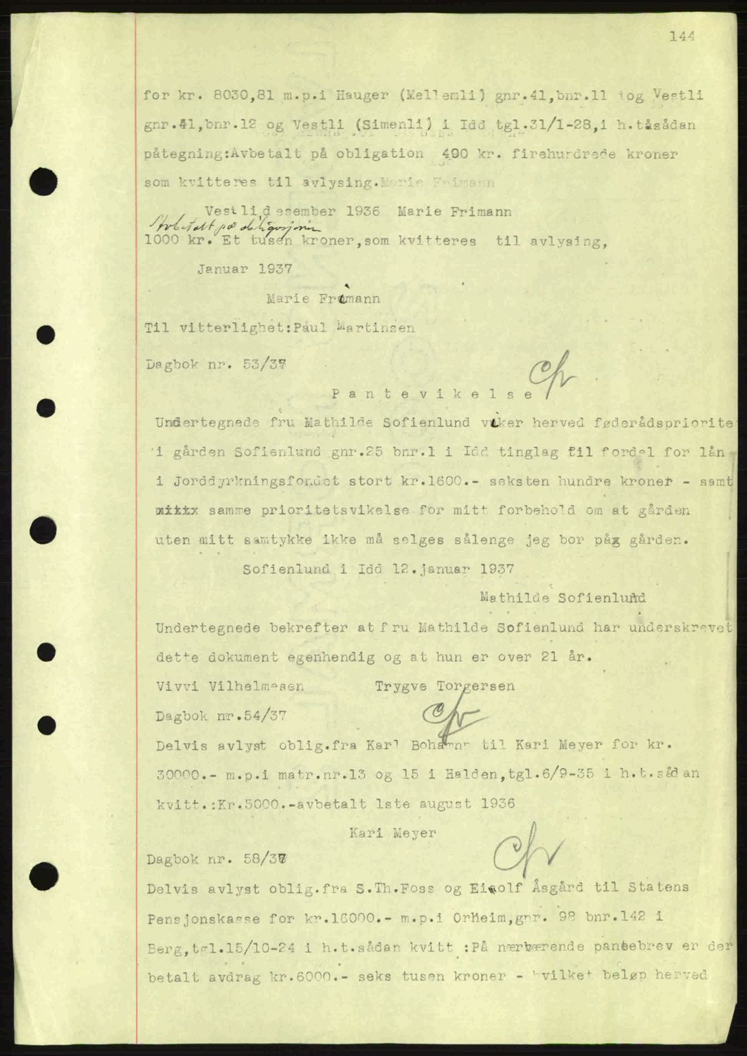 Idd og Marker sorenskriveri, AV/SAO-A-10283/G/Gb/Gbc/L0001: Pantebok nr. B1-3, 1936-1939, Dagboknr: 53/1937