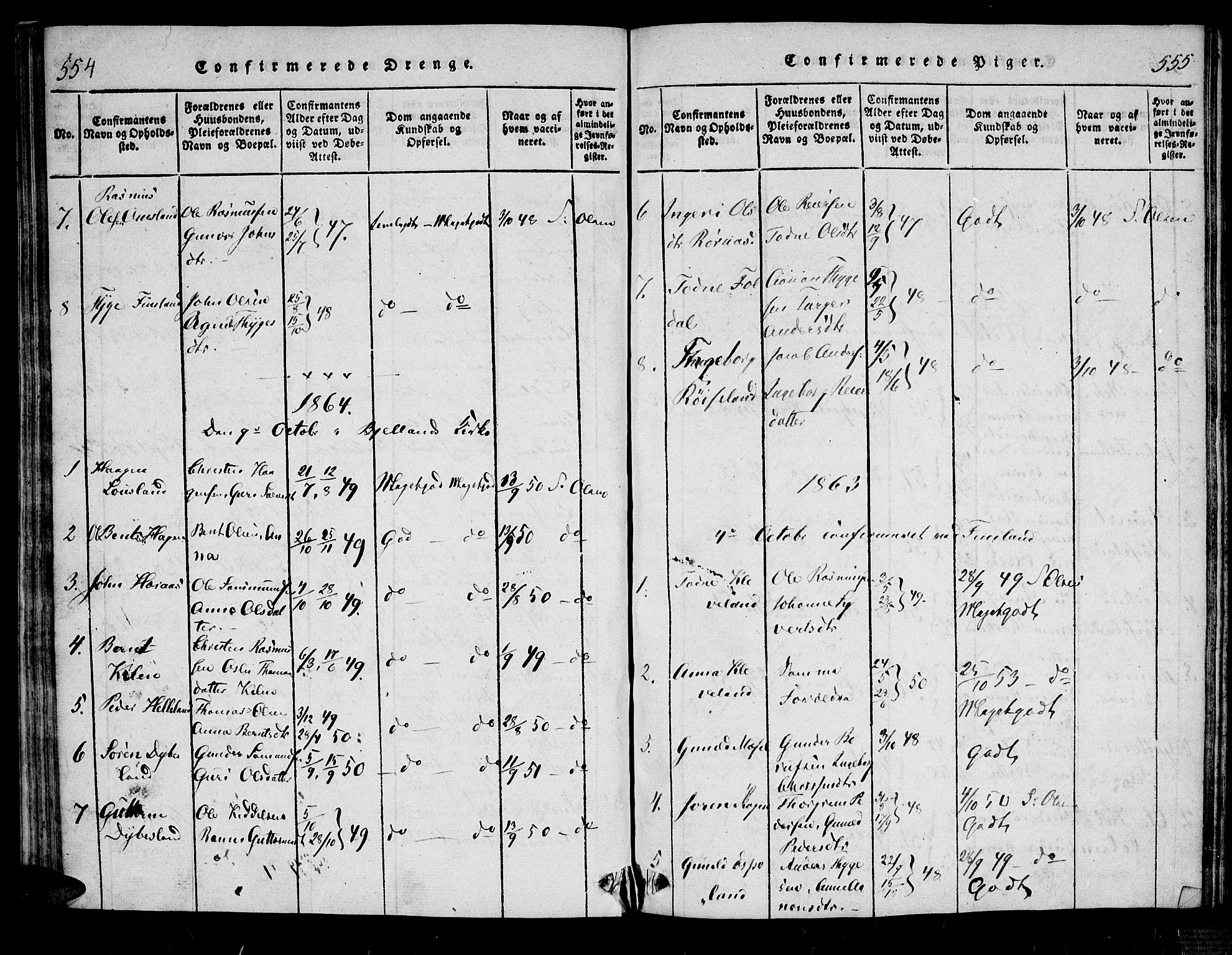 Bjelland sokneprestkontor, SAK/1111-0005/F/Fa/Fab/L0002: Ministerialbok nr. A 2, 1816-1869, s. 554-555