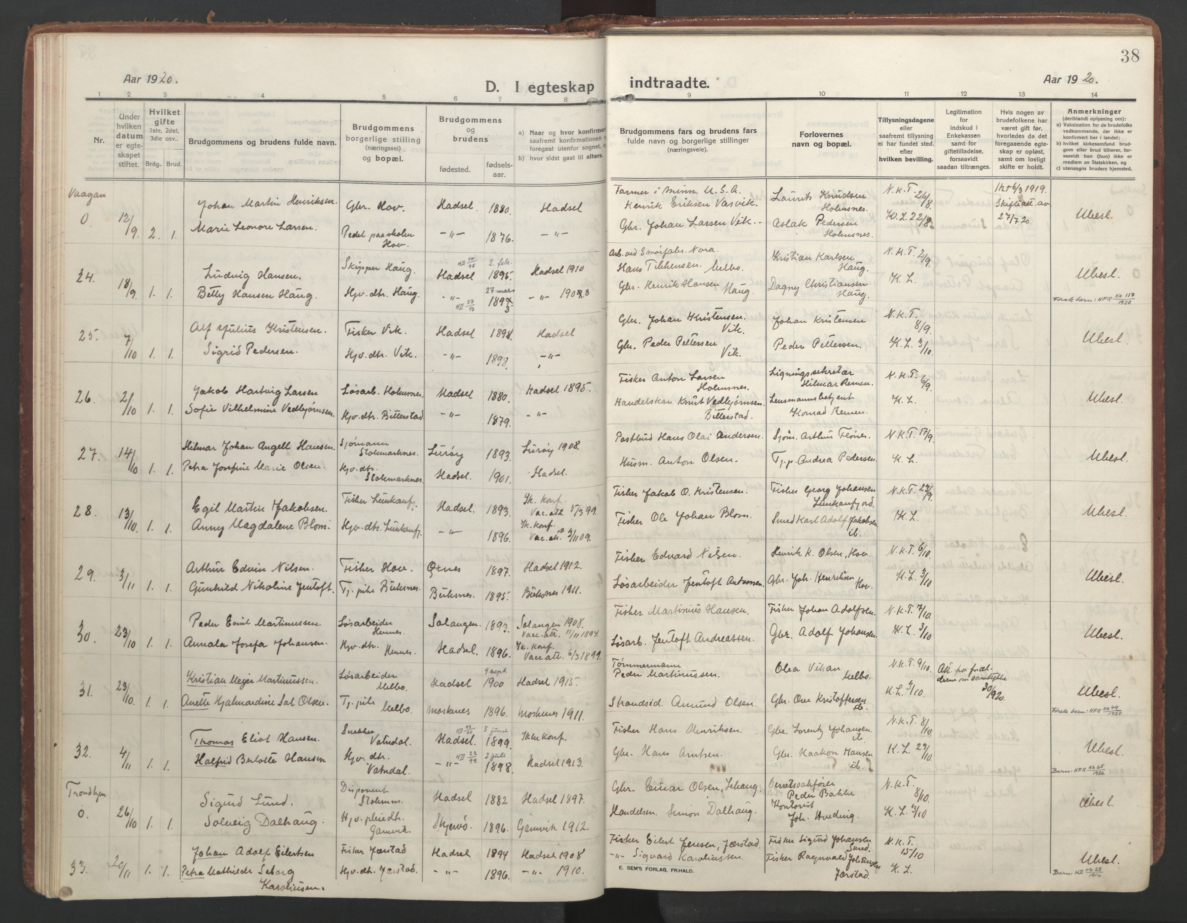 Ministerialprotokoller, klokkerbøker og fødselsregistre - Nordland, AV/SAT-A-1459/888/L1251: Ministerialbok nr. 888A17, 1913-1925, s. 38