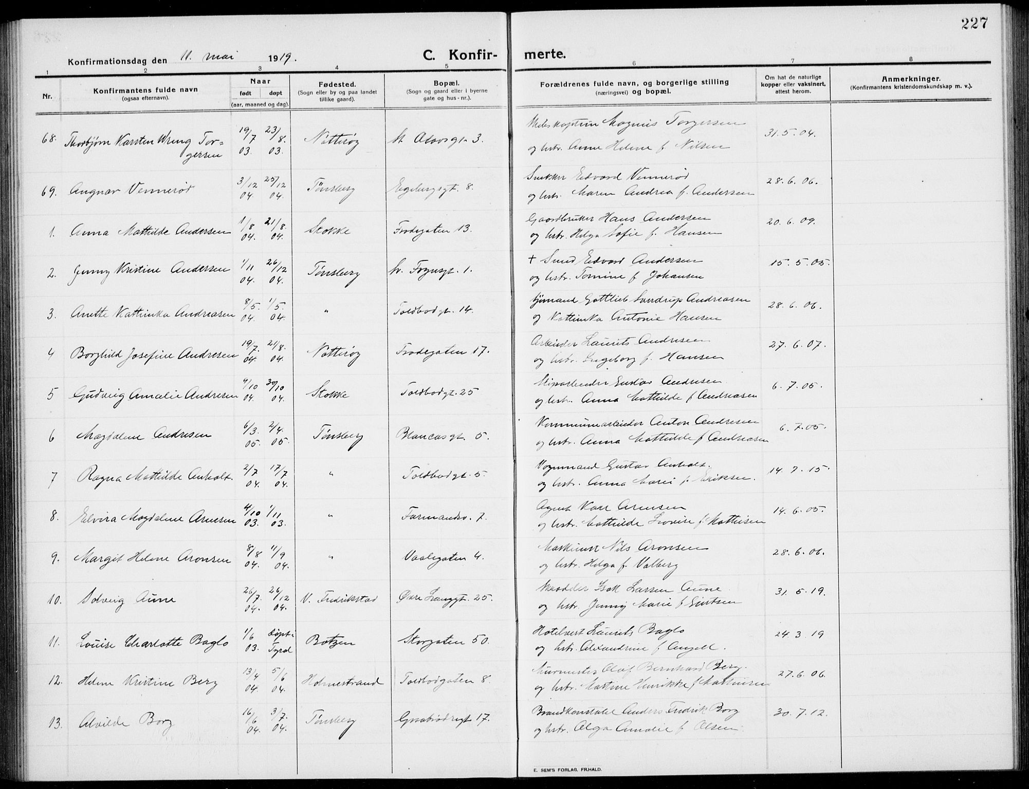 Tønsberg kirkebøker, AV/SAKO-A-330/G/Ga/L0009: Klokkerbok nr. 9, 1913-1920, s. 227