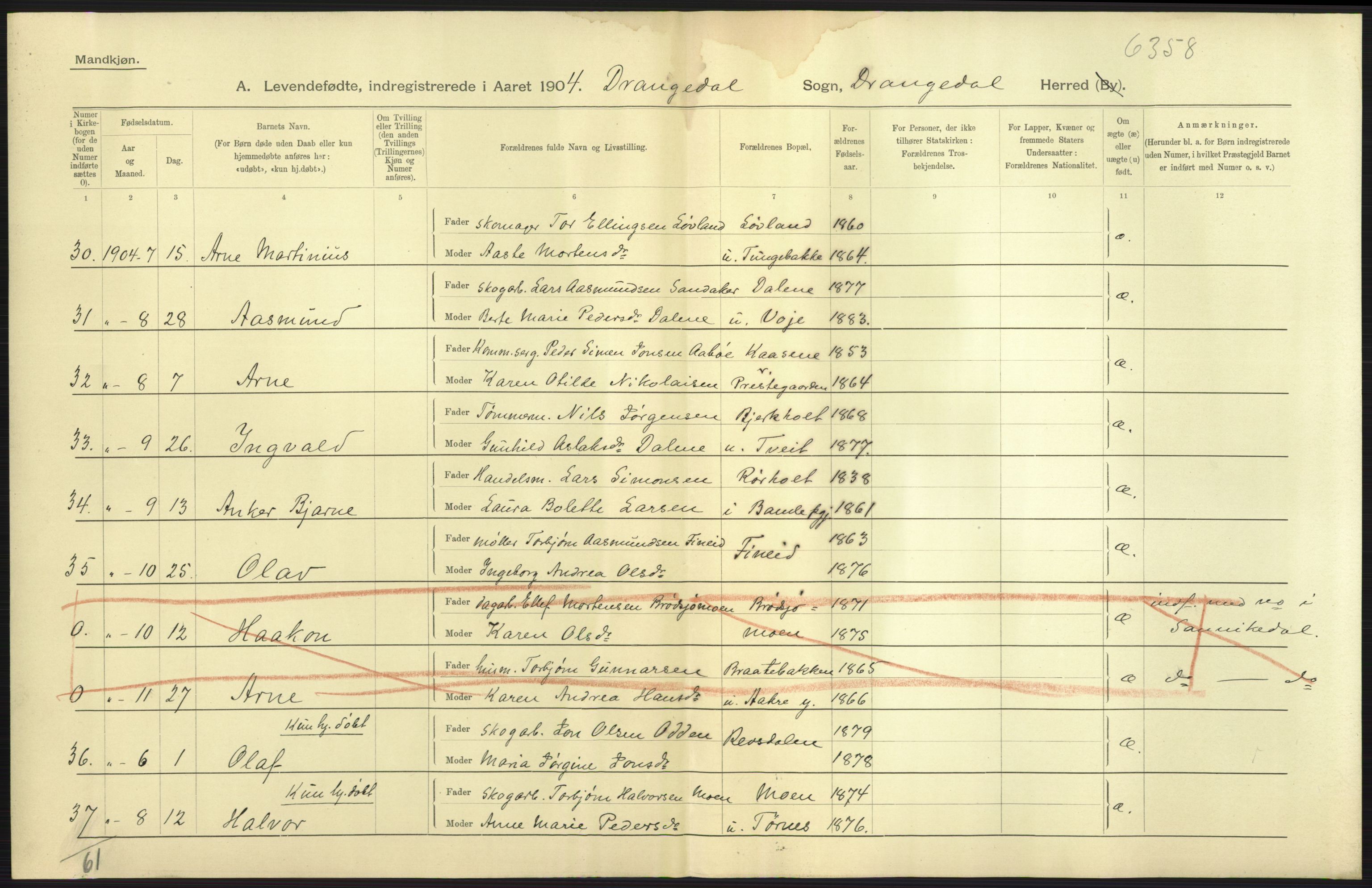 Statistisk sentralbyrå, Sosiodemografiske emner, Befolkning, AV/RA-S-2228/D/Df/Dfa/Dfab/L0009: Bratsberg amt: Fødte, gifte, døde, 1904, s. 15