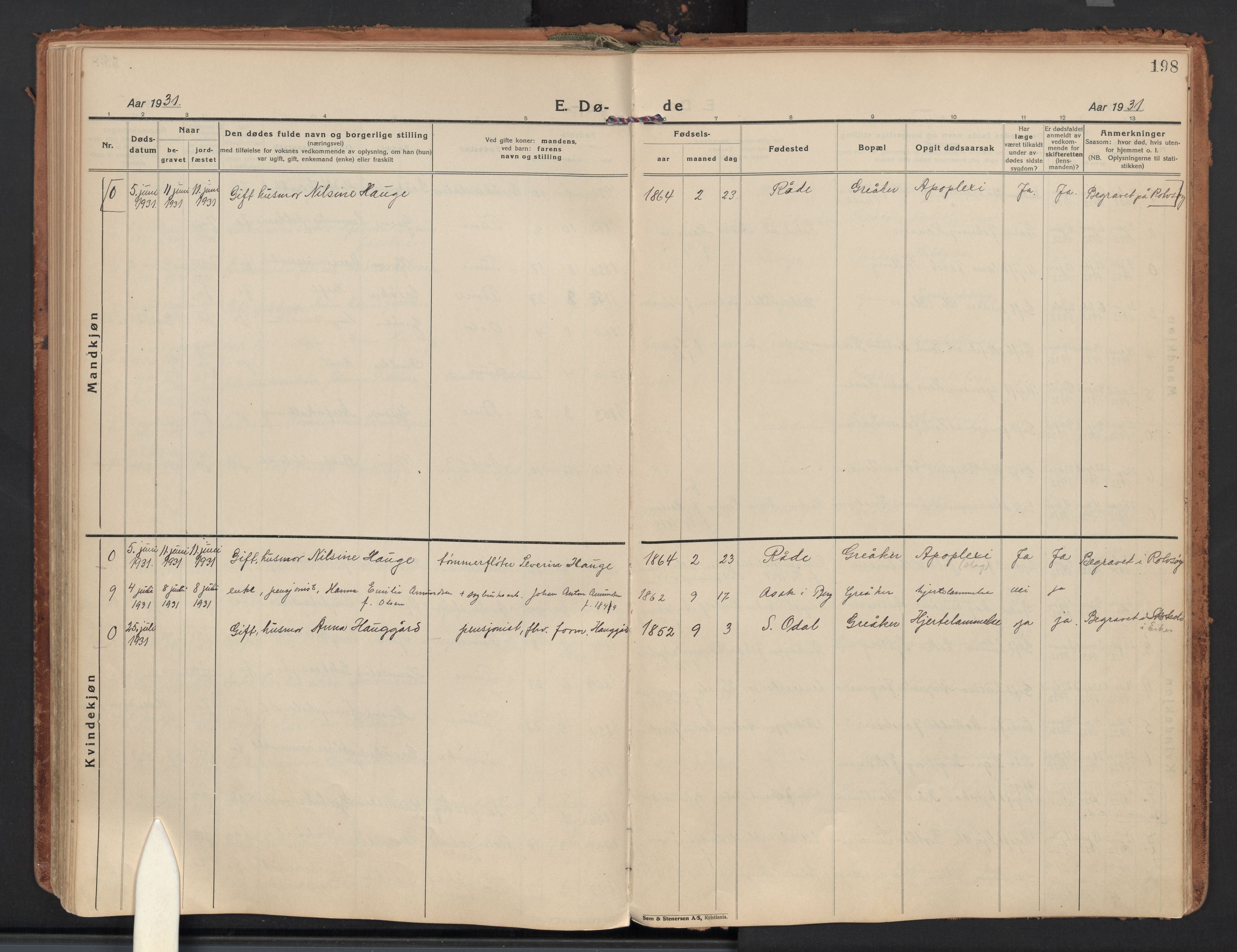 Tune prestekontor Kirkebøker, AV/SAO-A-2007/F/Fb/L0002: Residerende kapellans bok nr. 2, 1923-1940, s. 198