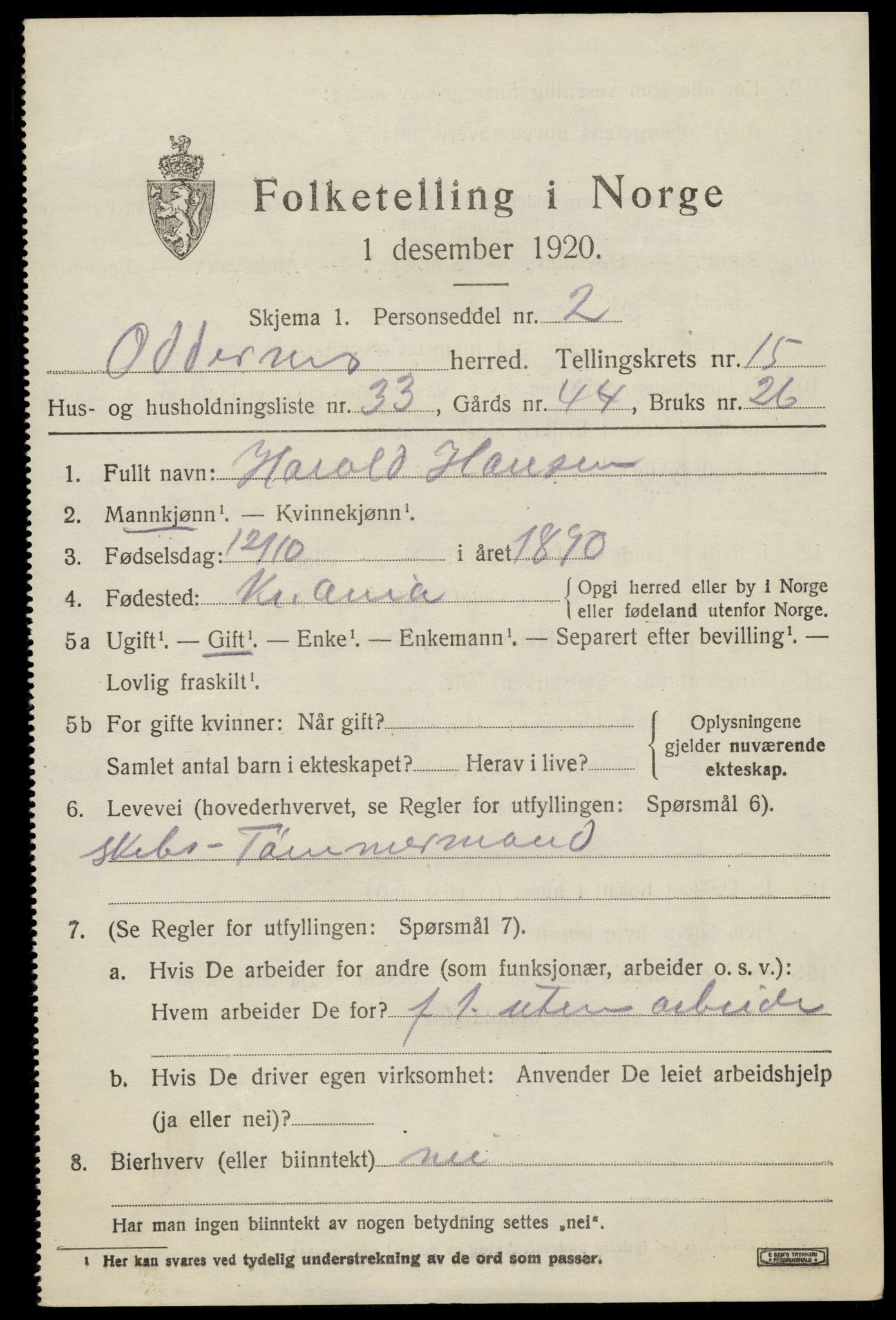 SAK, Folketelling 1920 for 1012 Oddernes herred, 1920, s. 10355
