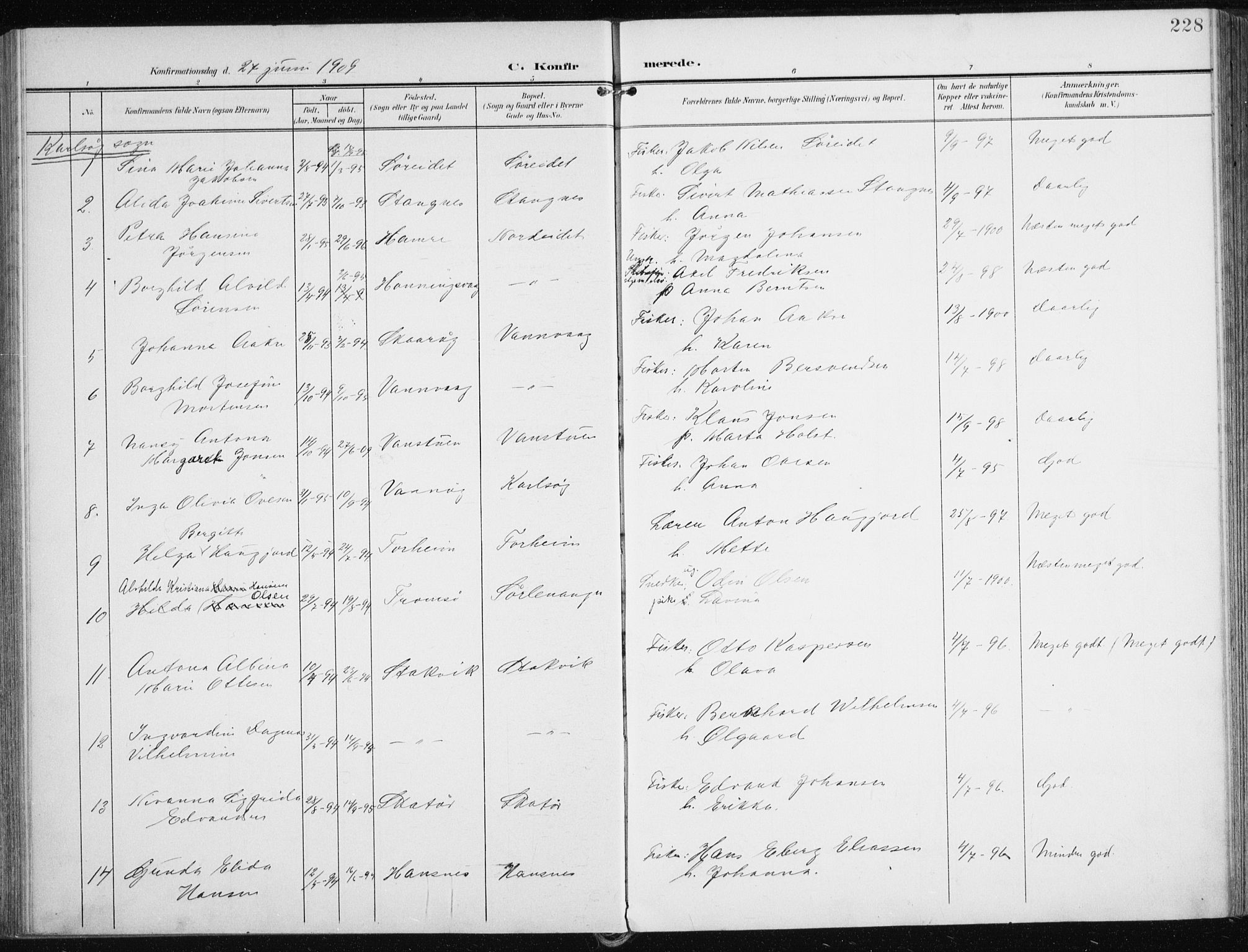 Karlsøy sokneprestembete, AV/SATØ-S-1299/H/Ha/Haa/L0014kirke: Ministerialbok nr. 14, 1903-1917, s. 228