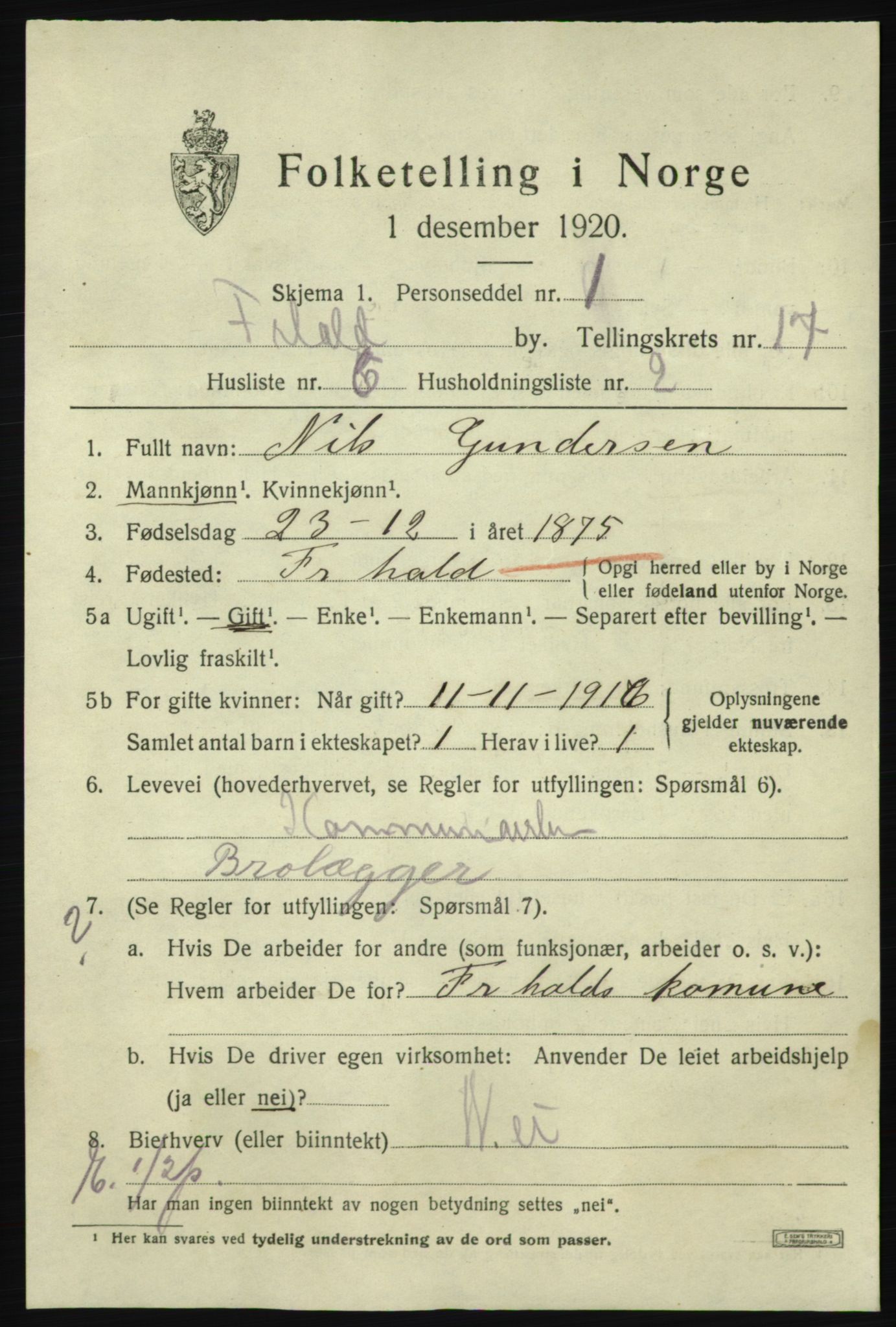 SAO, Folketelling 1920 for 0101 Fredrikshald kjøpstad, 1920, s. 25856